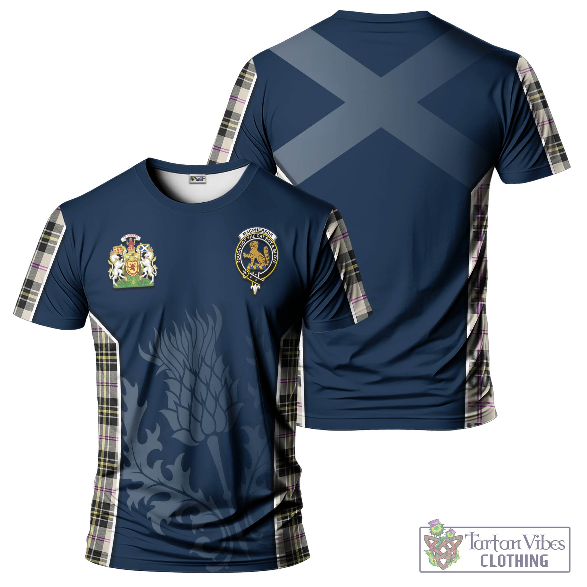 Tartan Vibes Clothing MacPherson Dress Ancient Tartan T-Shirt with Family Crest and Scottish Thistle Vibes Sport Style