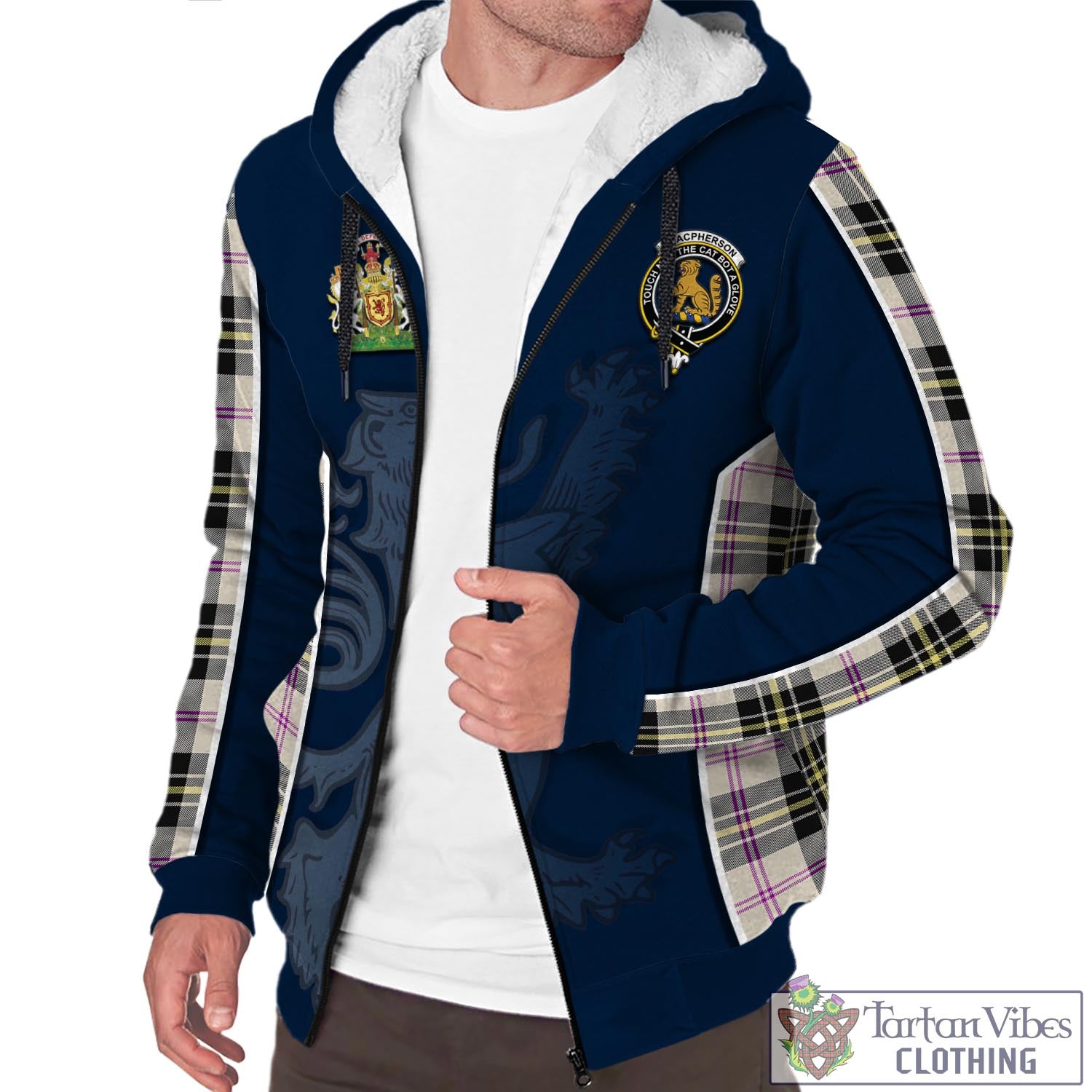 Tartan Vibes Clothing MacPherson Dress Ancient Tartan Sherpa Hoodie with Family Crest and Lion Rampant Vibes Sport Style