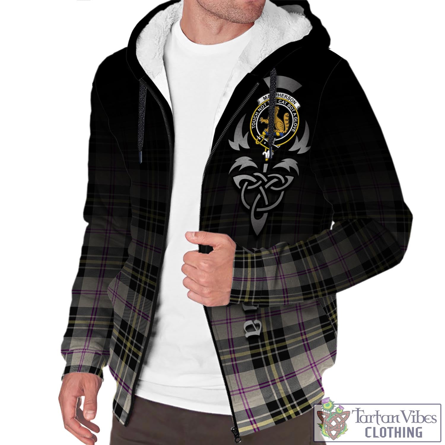 Tartan Vibes Clothing MacPherson Dress Ancient Tartan Sherpa Hoodie Featuring Alba Gu Brath Family Crest Celtic Inspired