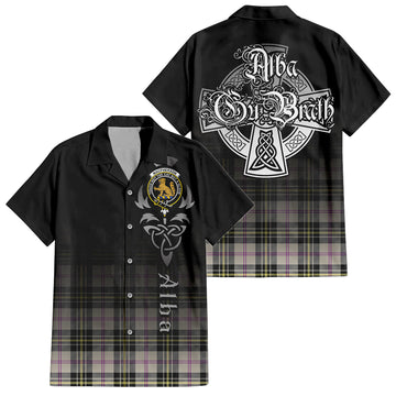 MacPherson Dress Ancient Tartan Short Sleeve Button Up Shirt Featuring Alba Gu Brath Family Crest Celtic Inspired