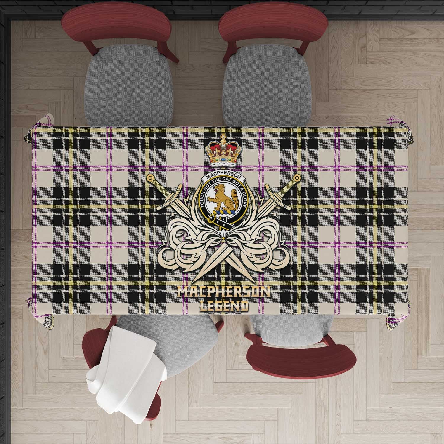 Tartan Vibes Clothing MacPherson Dress Ancient Tartan Tablecloth with Clan Crest and the Golden Sword of Courageous Legacy