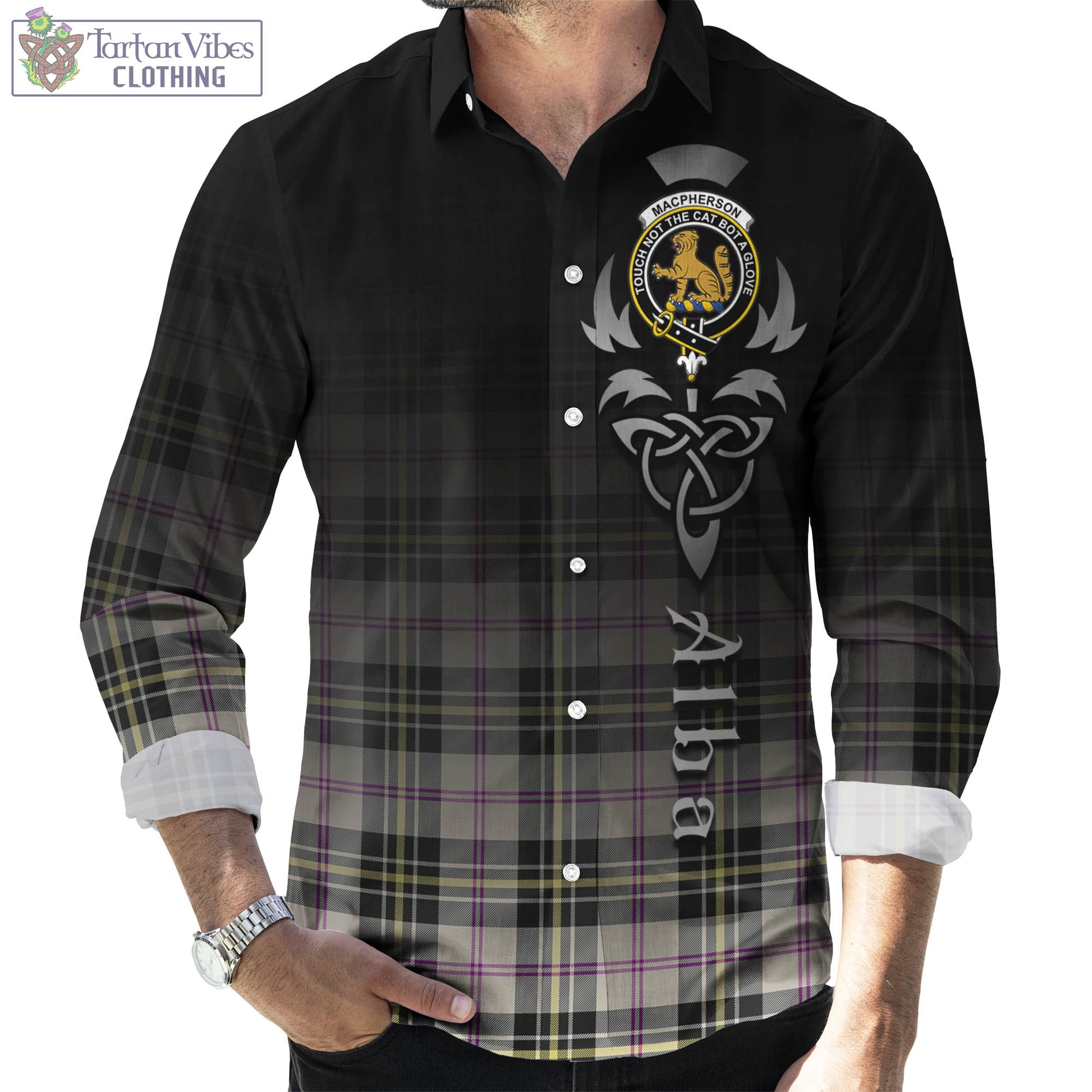 Tartan Vibes Clothing MacPherson Dress Ancient Tartan Long Sleeve Button Up Featuring Alba Gu Brath Family Crest Celtic Inspired