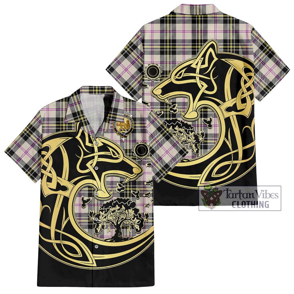 Tartan Vibes Clothing MacPherson Dress Ancient Tartan Short Sleeve Button Shirt with Family Crest Celtic Wolf Style