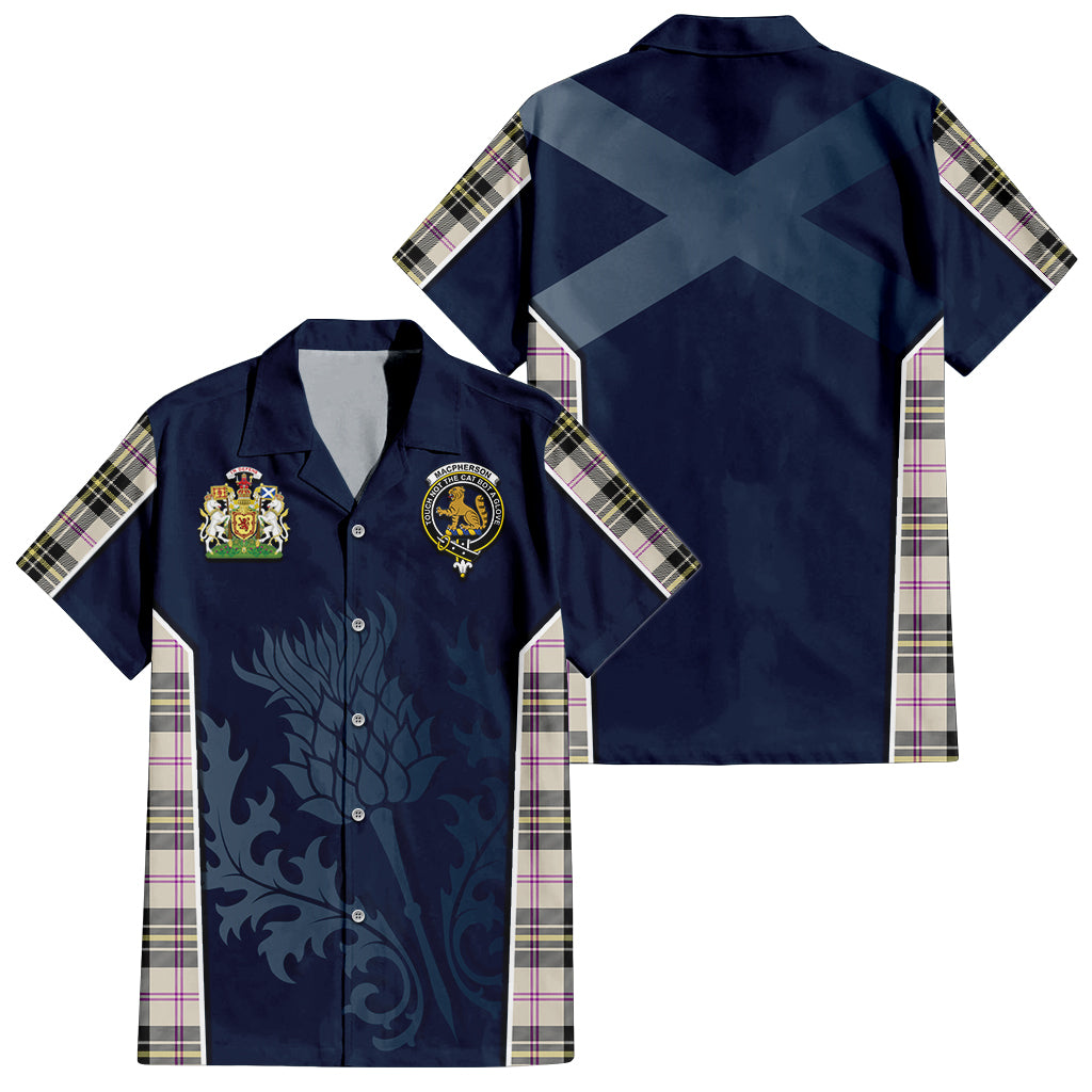 Tartan Vibes Clothing MacPherson Dress Ancient Tartan Short Sleeve Button Up Shirt with Family Crest and Scottish Thistle Vibes Sport Style