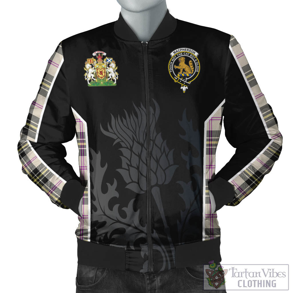 Tartan Vibes Clothing MacPherson Dress Ancient Tartan Bomber Jacket with Family Crest and Scottish Thistle Vibes Sport Style