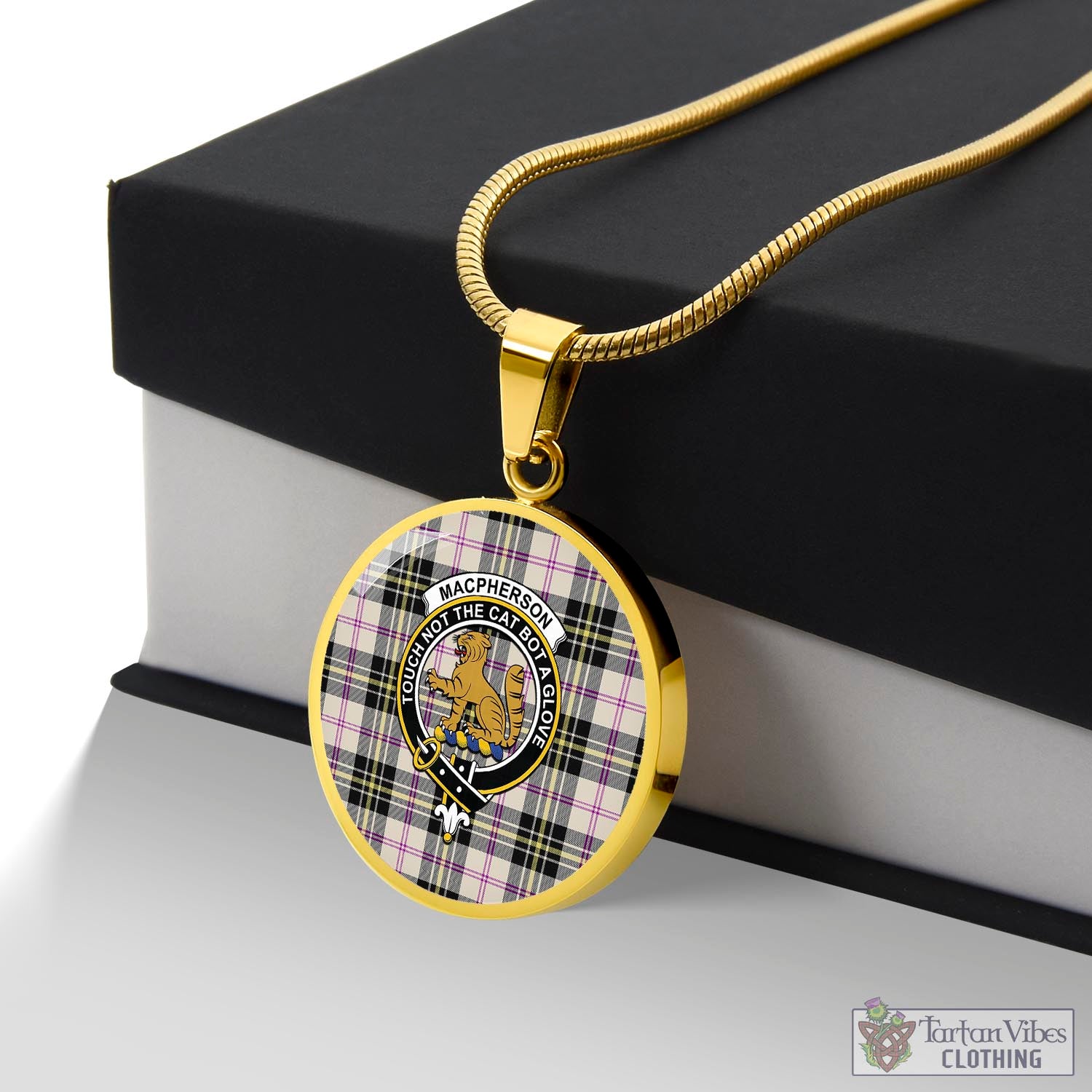 Tartan Vibes Clothing MacPherson Dress Ancient Tartan Circle Necklace with Family Crest