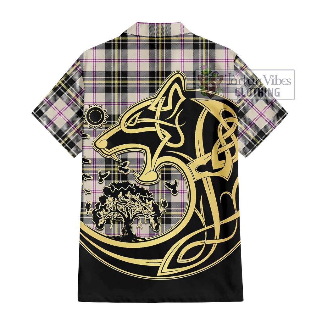 Tartan Vibes Clothing MacPherson Dress Ancient Tartan Short Sleeve Button Shirt with Family Crest Celtic Wolf Style