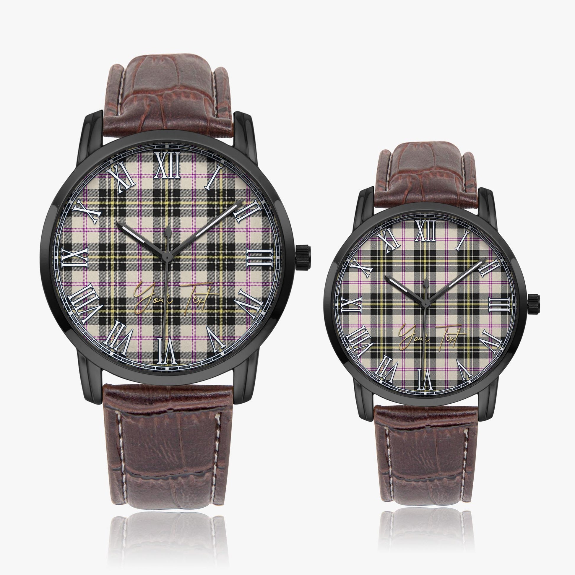 MacPherson Dress Ancient Tartan Personalized Your Text Leather Trap Quartz Watch Wide Type Black Case With Brown Leather Strap - Tartanvibesclothing