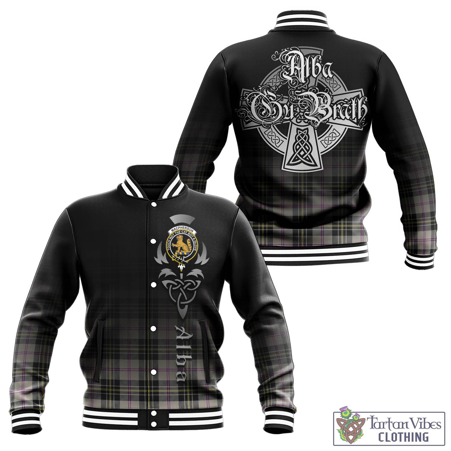 Tartan Vibes Clothing MacPherson Dress Ancient Tartan Baseball Jacket Featuring Alba Gu Brath Family Crest Celtic Inspired