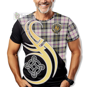 MacPherson Dress Ancient Tartan T-Shirt with Family Crest and Celtic Symbol Style