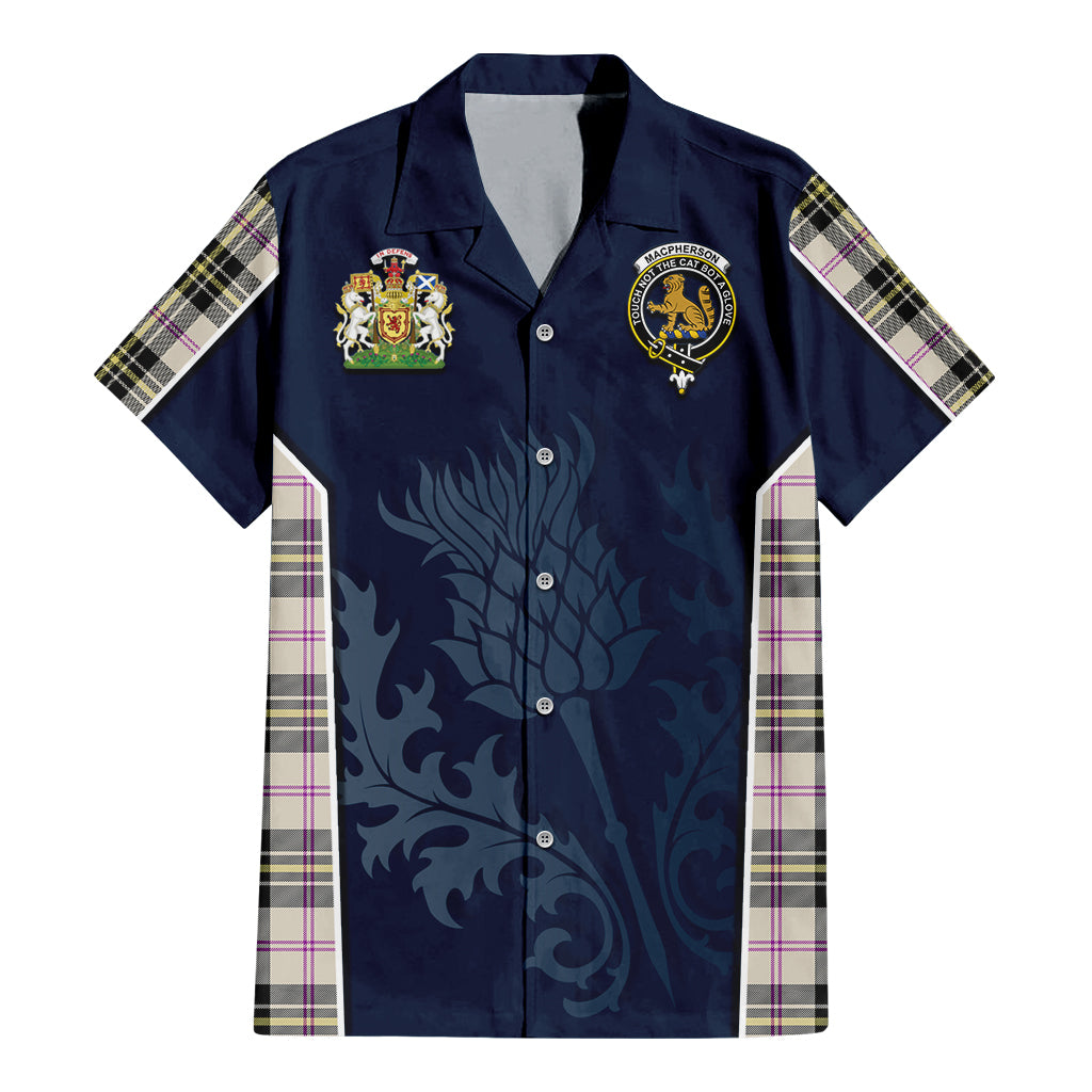 Tartan Vibes Clothing MacPherson Dress Ancient Tartan Short Sleeve Button Up Shirt with Family Crest and Scottish Thistle Vibes Sport Style