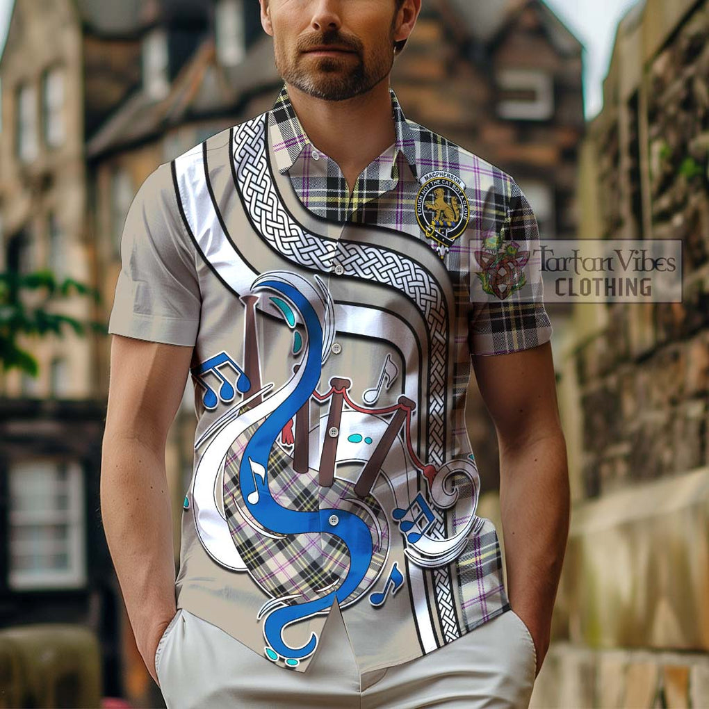 MacPherson Dress Ancient Tartan Short Sleeve Button Shirt with Epic Bagpipe Style - Tartanvibesclothing Shop