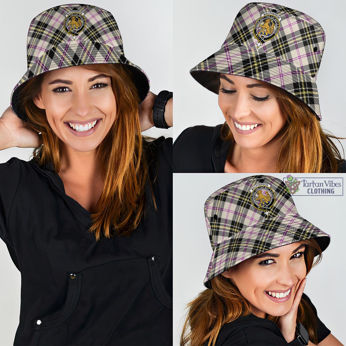 Tartan Vibes Clothing MacPherson Dress Ancient Tartan Bucket Hat with Family Crest