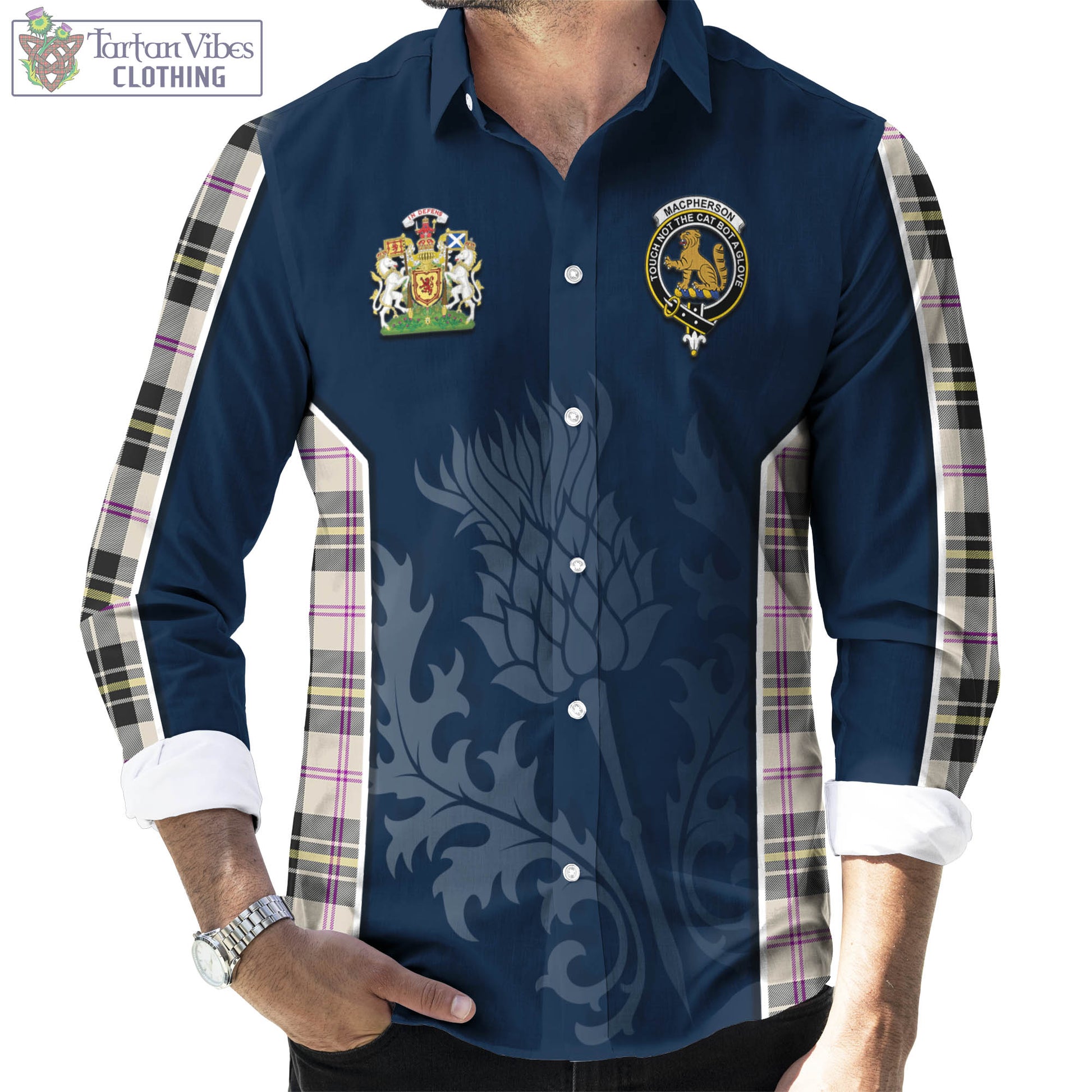 Tartan Vibes Clothing MacPherson Dress Ancient Tartan Long Sleeve Button Up Shirt with Family Crest and Scottish Thistle Vibes Sport Style