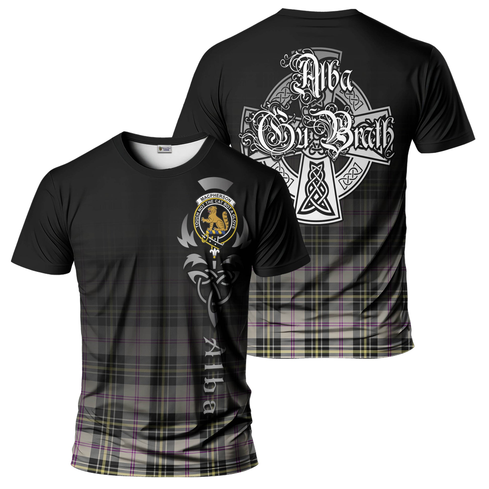 Tartan Vibes Clothing MacPherson Dress Ancient Tartan T-Shirt Featuring Alba Gu Brath Family Crest Celtic Inspired