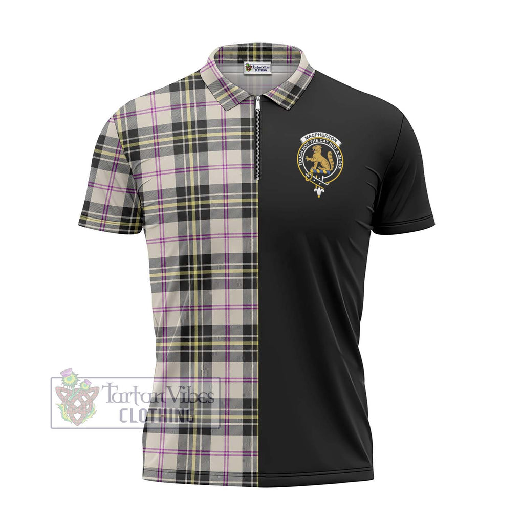 MacPherson Dress Ancient Tartan Zipper Polo Shirt with Family Crest and Half Of Me Style - Tartanvibesclothing Shop