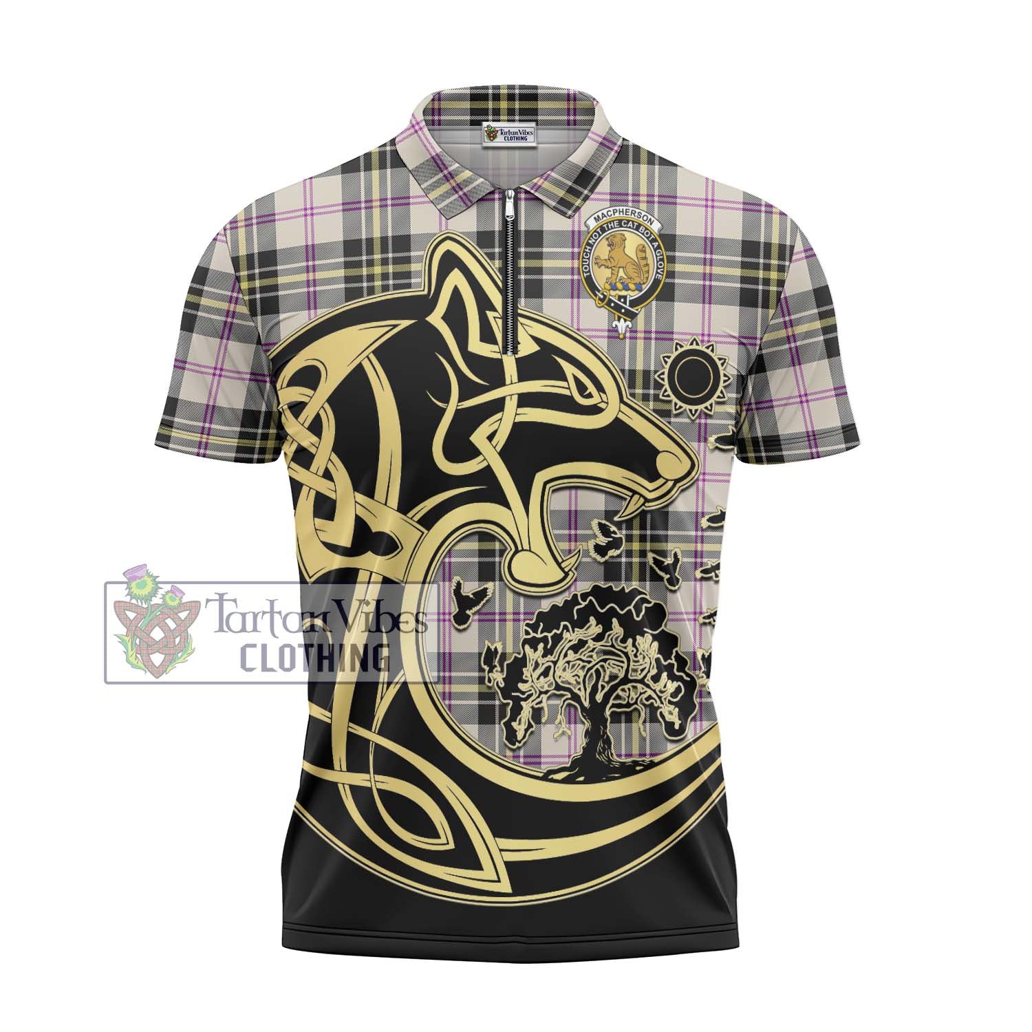 Tartan Vibes Clothing MacPherson Dress Ancient Tartan Zipper Polo Shirt with Family Crest Celtic Wolf Style