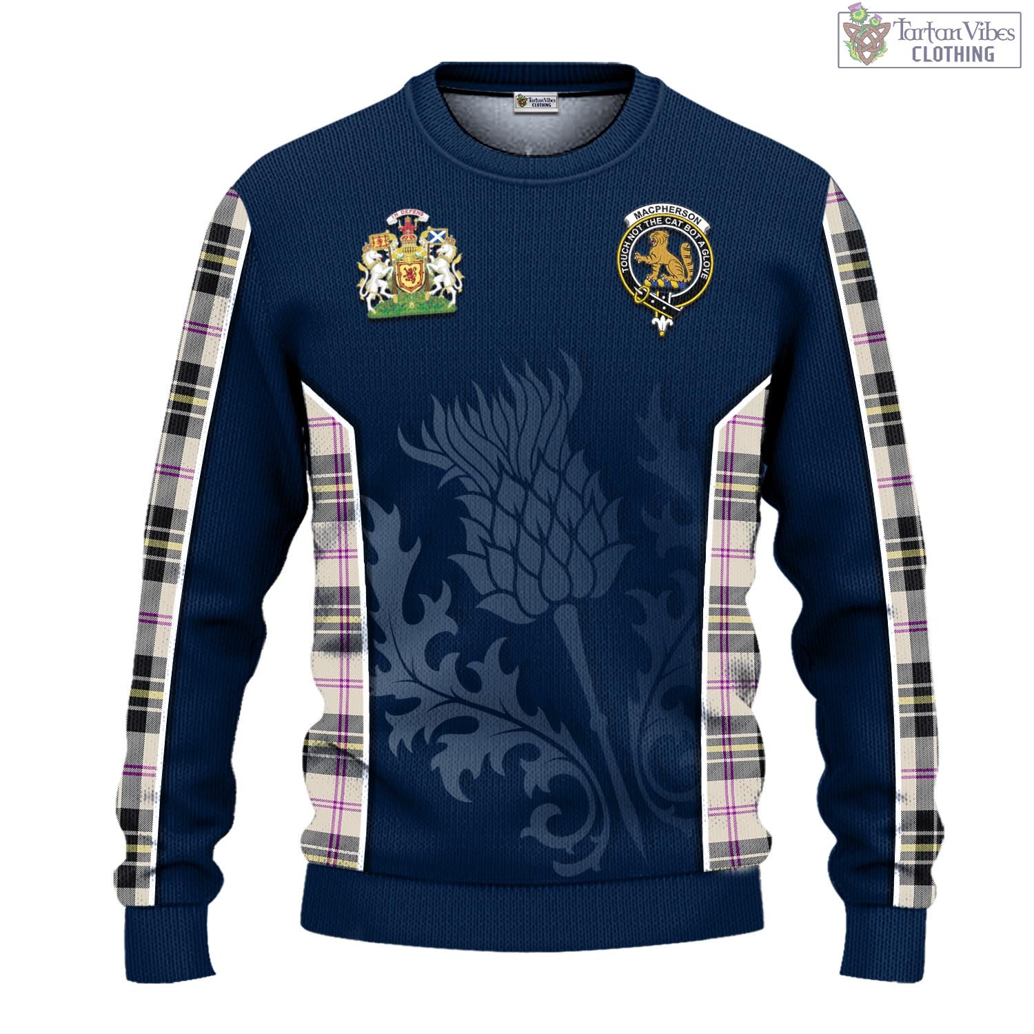 Tartan Vibes Clothing MacPherson Dress Ancient Tartan Knitted Sweatshirt with Family Crest and Scottish Thistle Vibes Sport Style