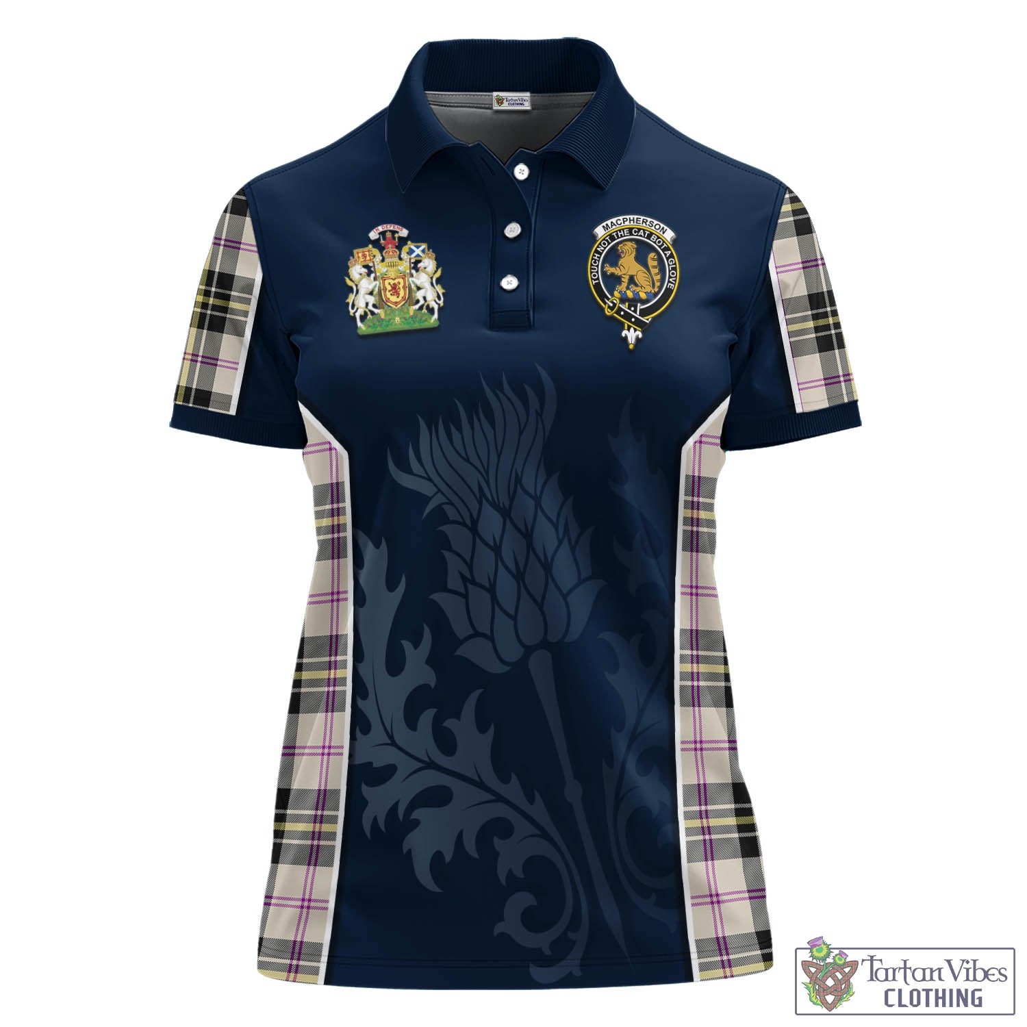 Tartan Vibes Clothing MacPherson Dress Ancient Tartan Women's Polo Shirt with Family Crest and Scottish Thistle Vibes Sport Style