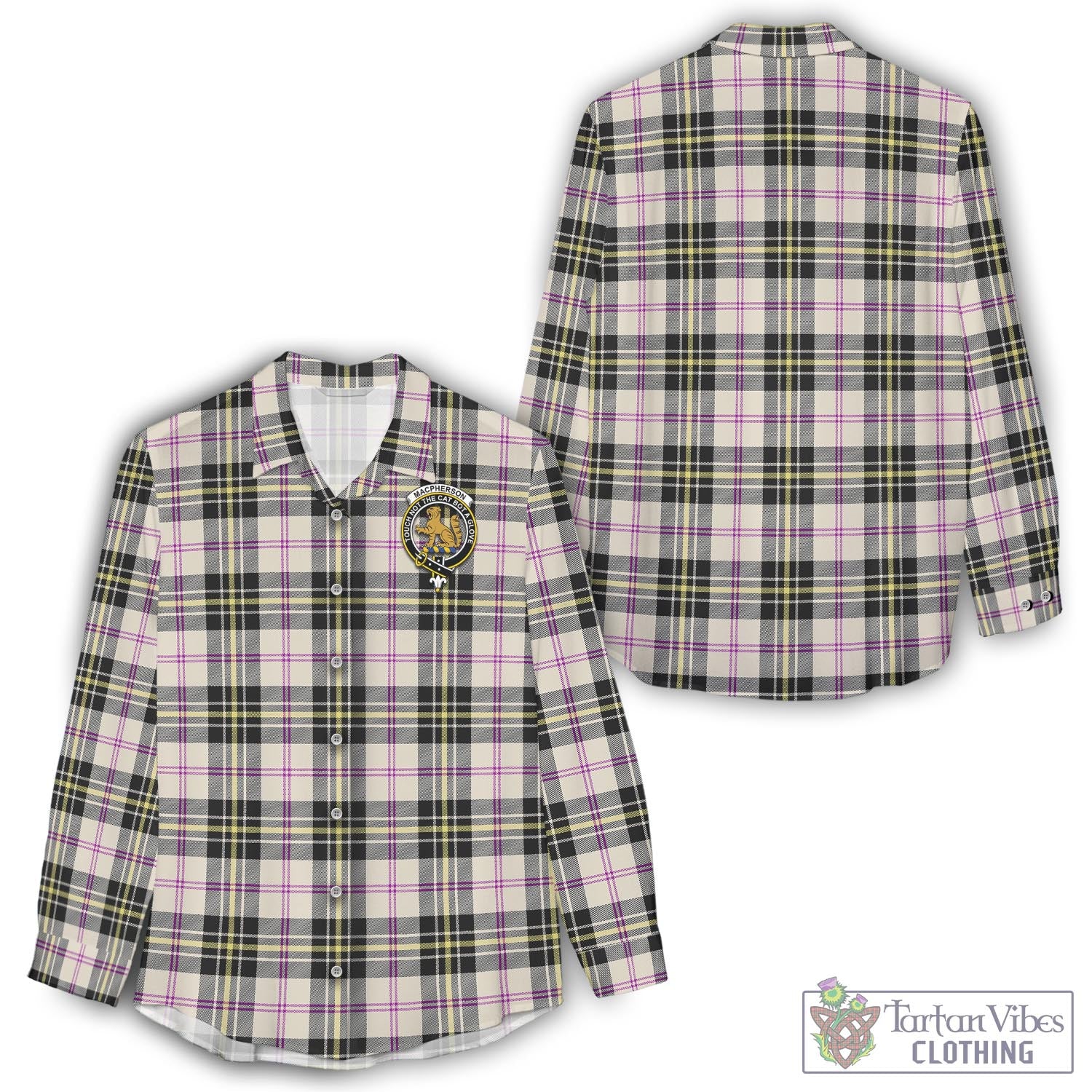 Tartan Vibes Clothing MacPherson Dress Ancient Tartan Womens Casual Shirt with Family Crest