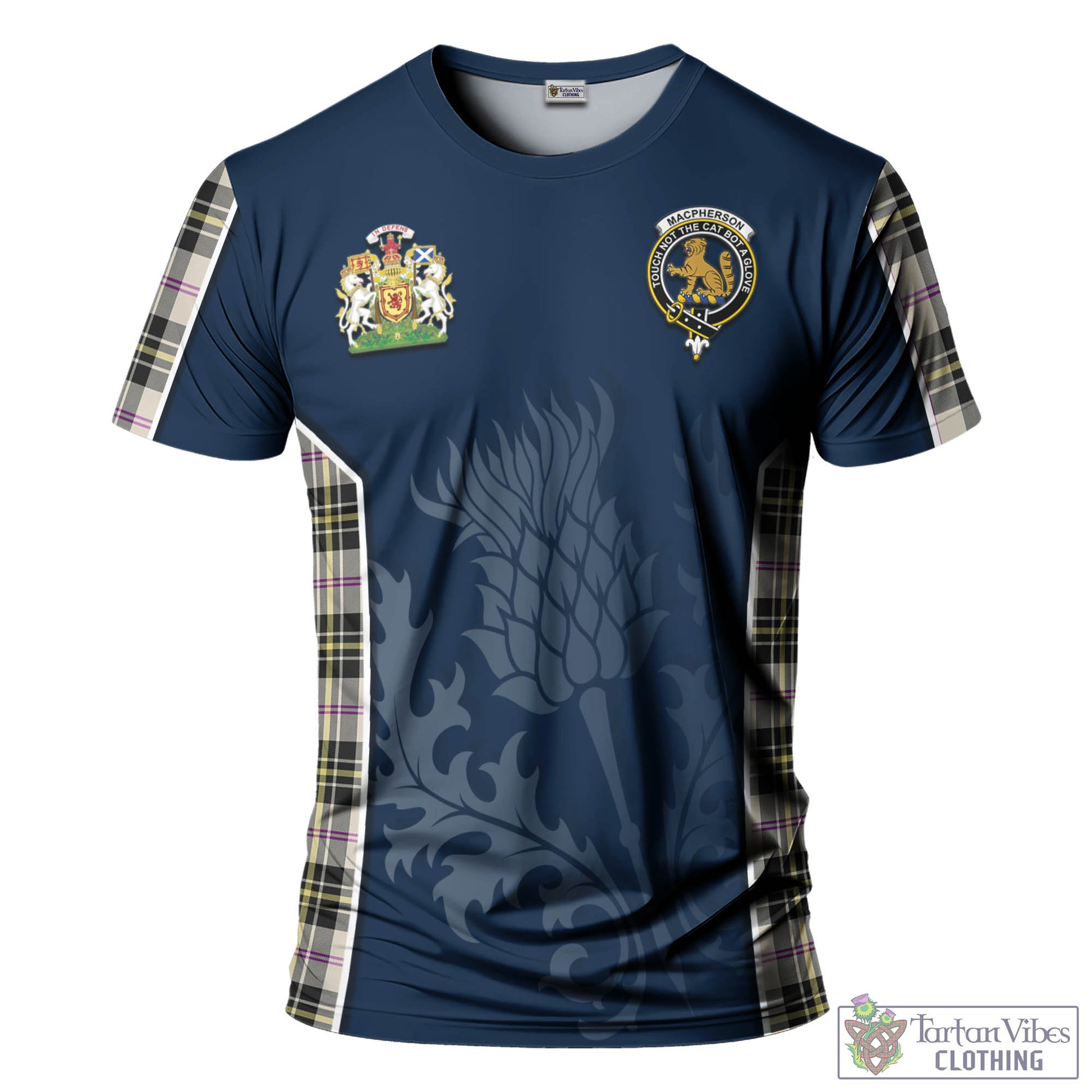 Tartan Vibes Clothing MacPherson Dress Ancient Tartan T-Shirt with Family Crest and Scottish Thistle Vibes Sport Style