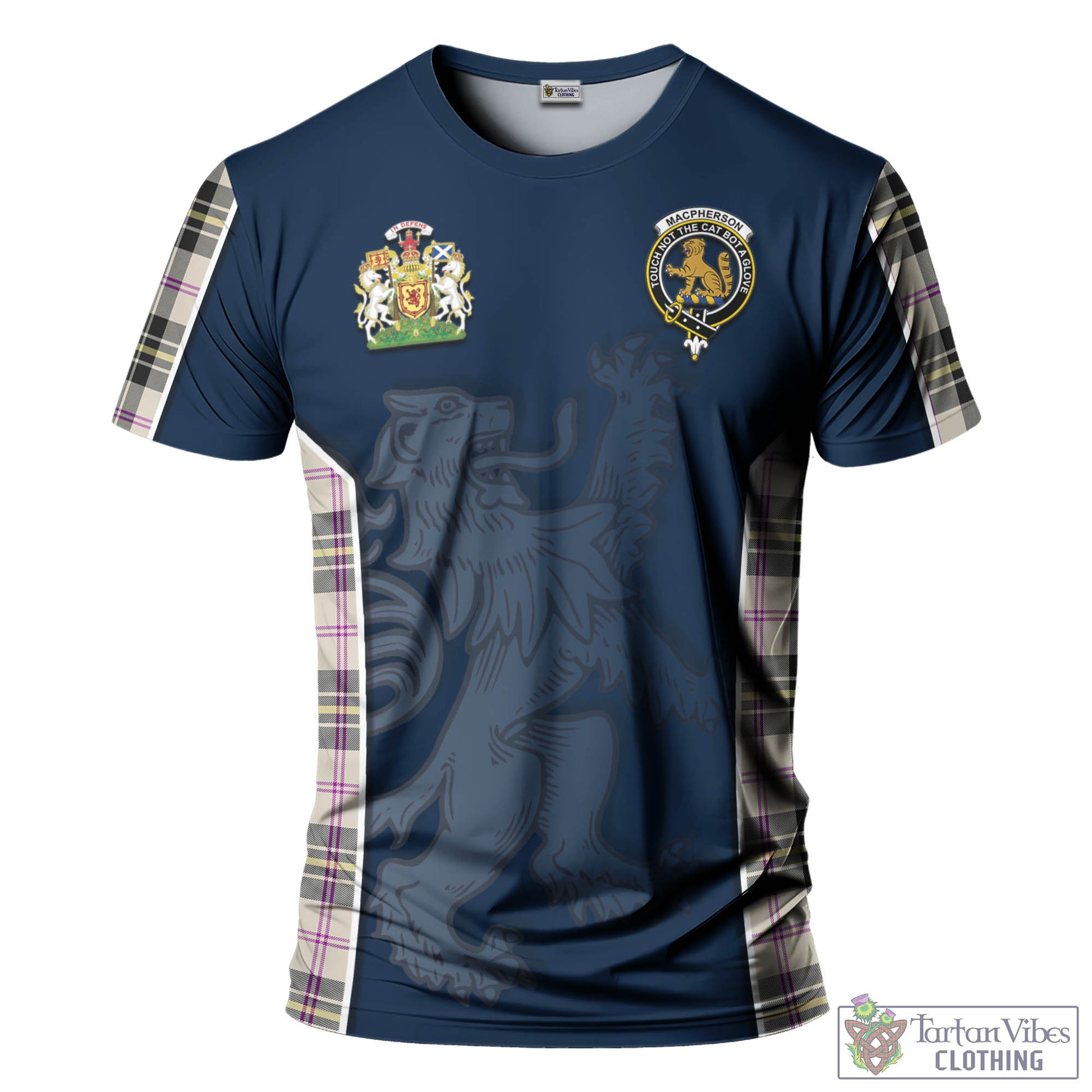 Tartan Vibes Clothing MacPherson Dress Ancient Tartan T-Shirt with Family Crest and Lion Rampant Vibes Sport Style