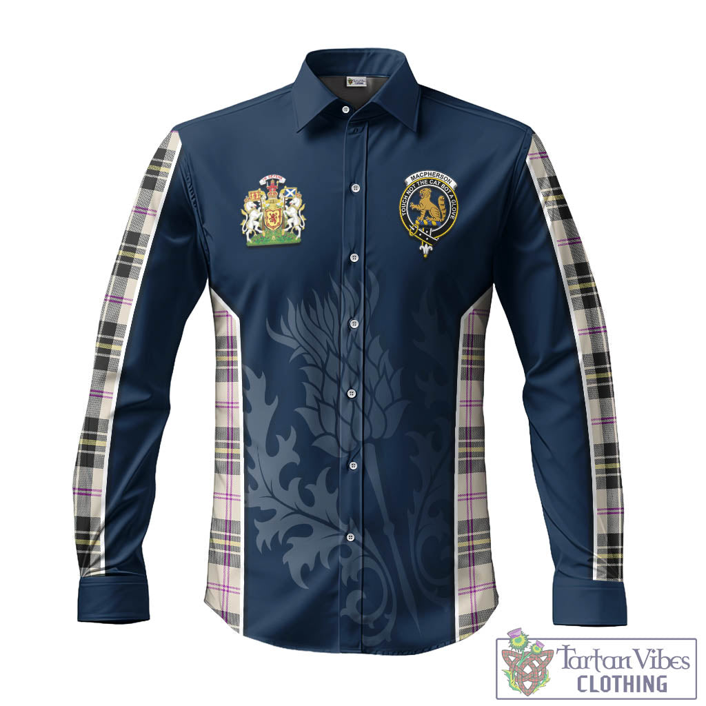 Tartan Vibes Clothing MacPherson Dress Ancient Tartan Long Sleeve Button Up Shirt with Family Crest and Scottish Thistle Vibes Sport Style