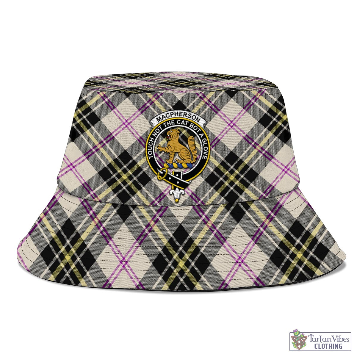 Tartan Vibes Clothing MacPherson Dress Ancient Tartan Bucket Hat with Family Crest