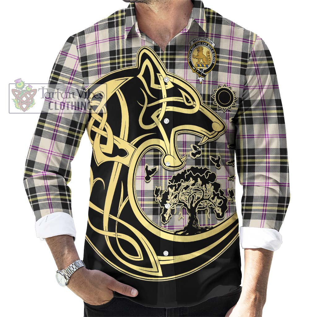 Tartan Vibes Clothing MacPherson Dress Ancient Tartan Long Sleeve Button Shirt with Family Crest Celtic Wolf Style