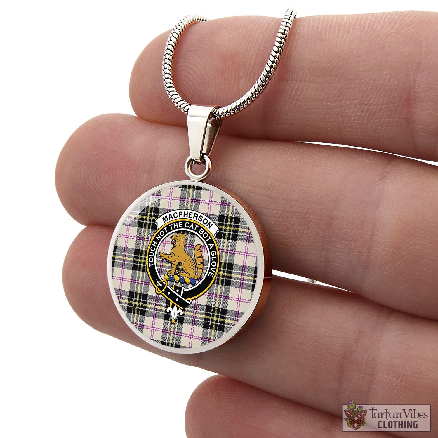 Tartan Vibes Clothing MacPherson Dress Ancient Tartan Circle Necklace with Family Crest