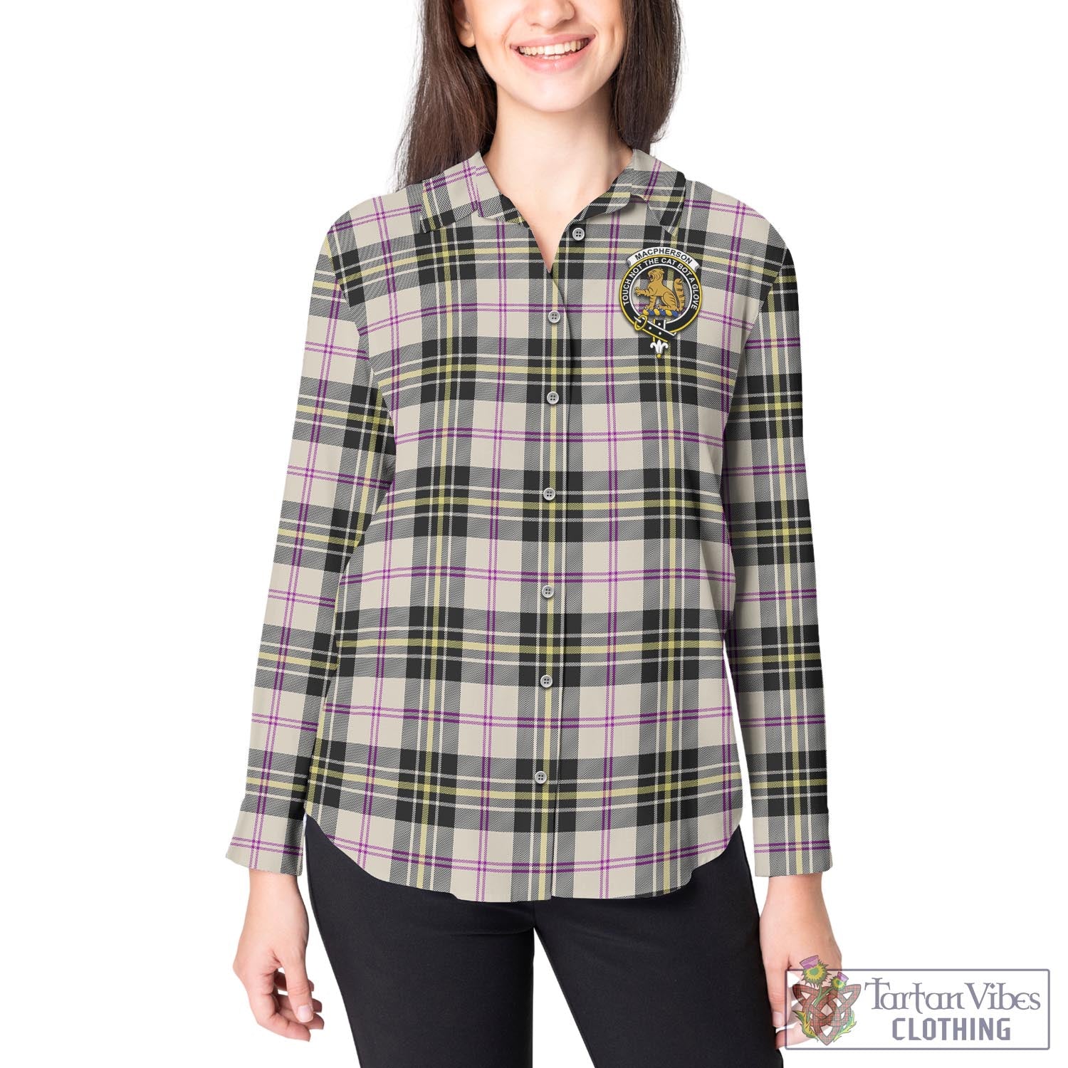 Tartan Vibes Clothing MacPherson Dress Ancient Tartan Womens Casual Shirt with Family Crest