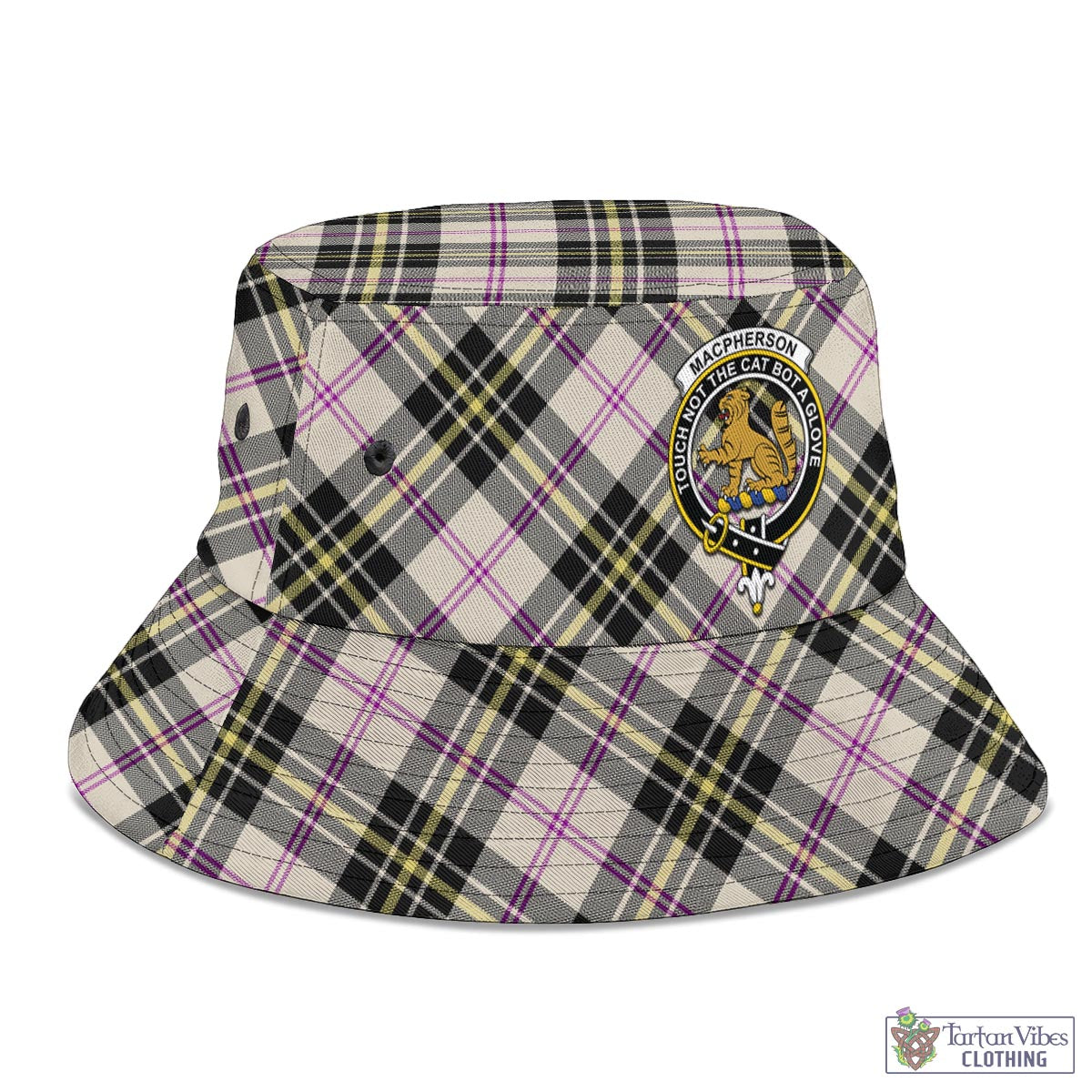 Tartan Vibes Clothing MacPherson Dress Ancient Tartan Bucket Hat with Family Crest