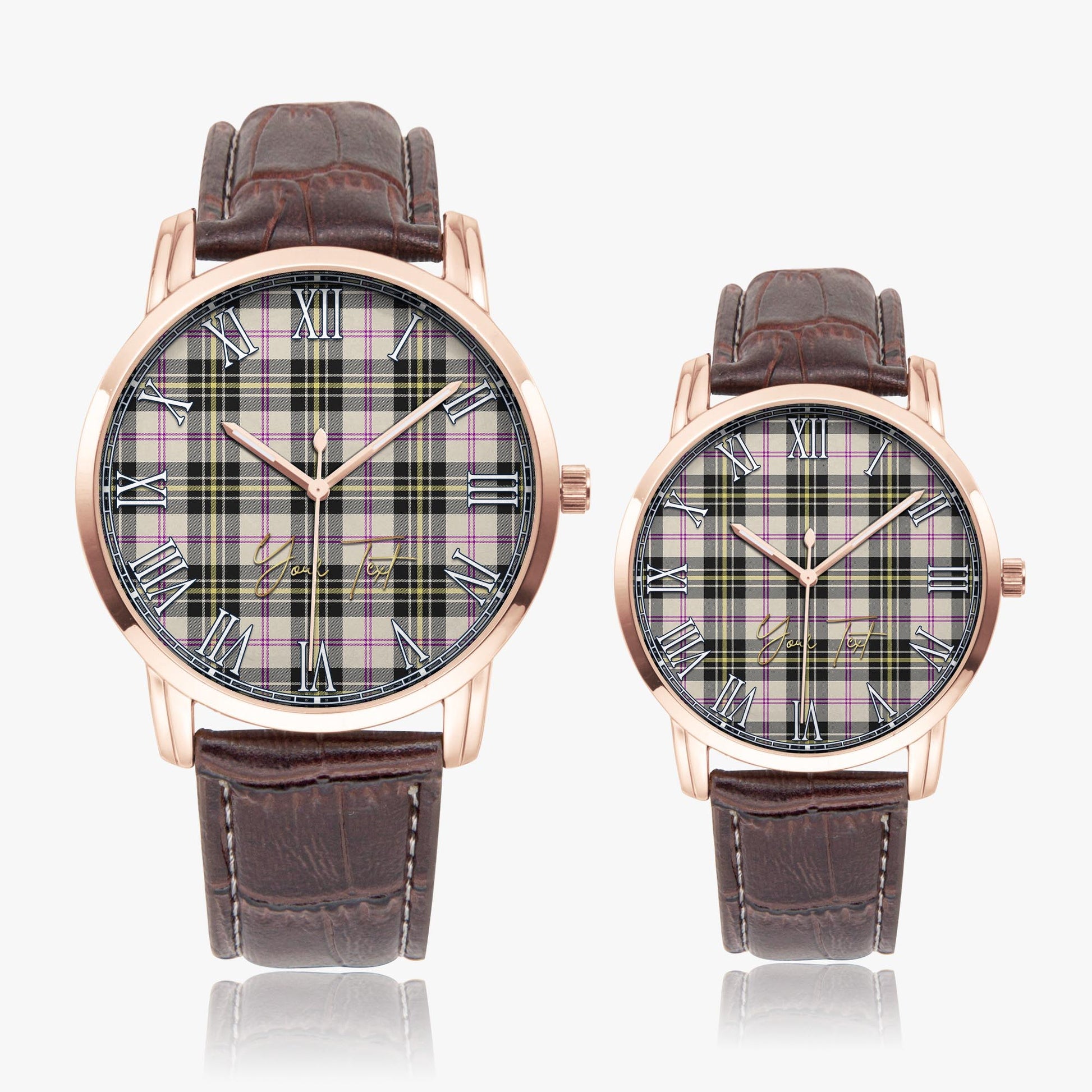 MacPherson Dress Ancient Tartan Personalized Your Text Leather Trap Quartz Watch Wide Type Rose Gold Case With Brown Leather Strap - Tartanvibesclothing