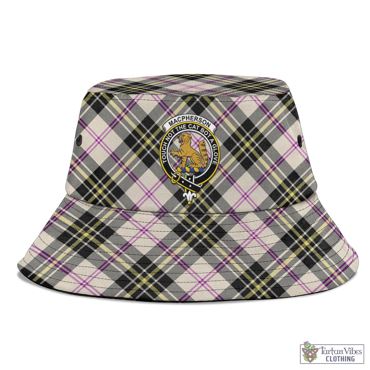 Tartan Vibes Clothing MacPherson Dress Ancient Tartan Bucket Hat with Family Crest