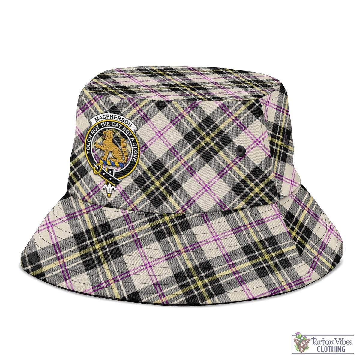 Tartan Vibes Clothing MacPherson Dress Ancient Tartan Bucket Hat with Family Crest