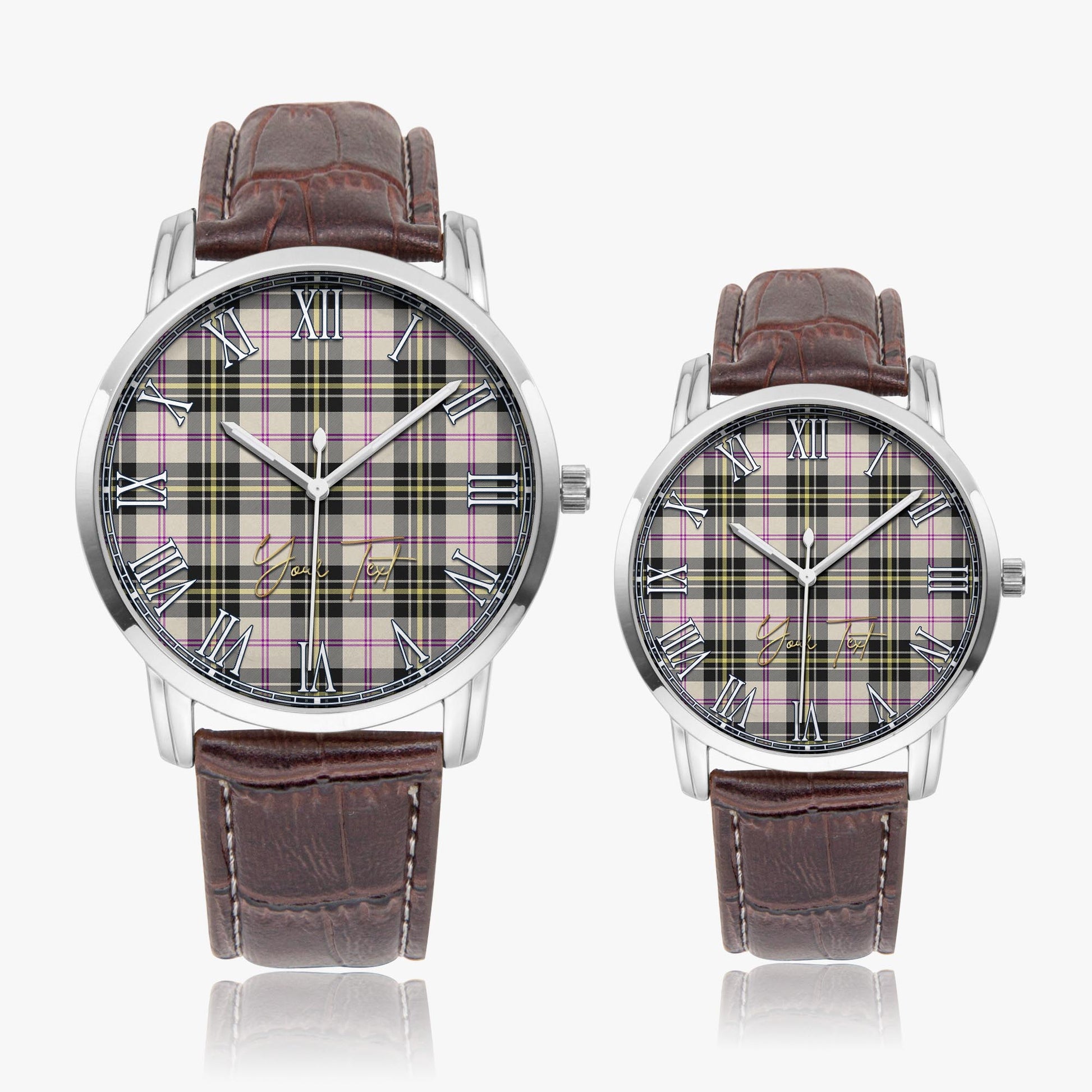 MacPherson Dress Ancient Tartan Personalized Your Text Leather Trap Quartz Watch Wide Type Silver Case With Brown Leather Strap - Tartanvibesclothing