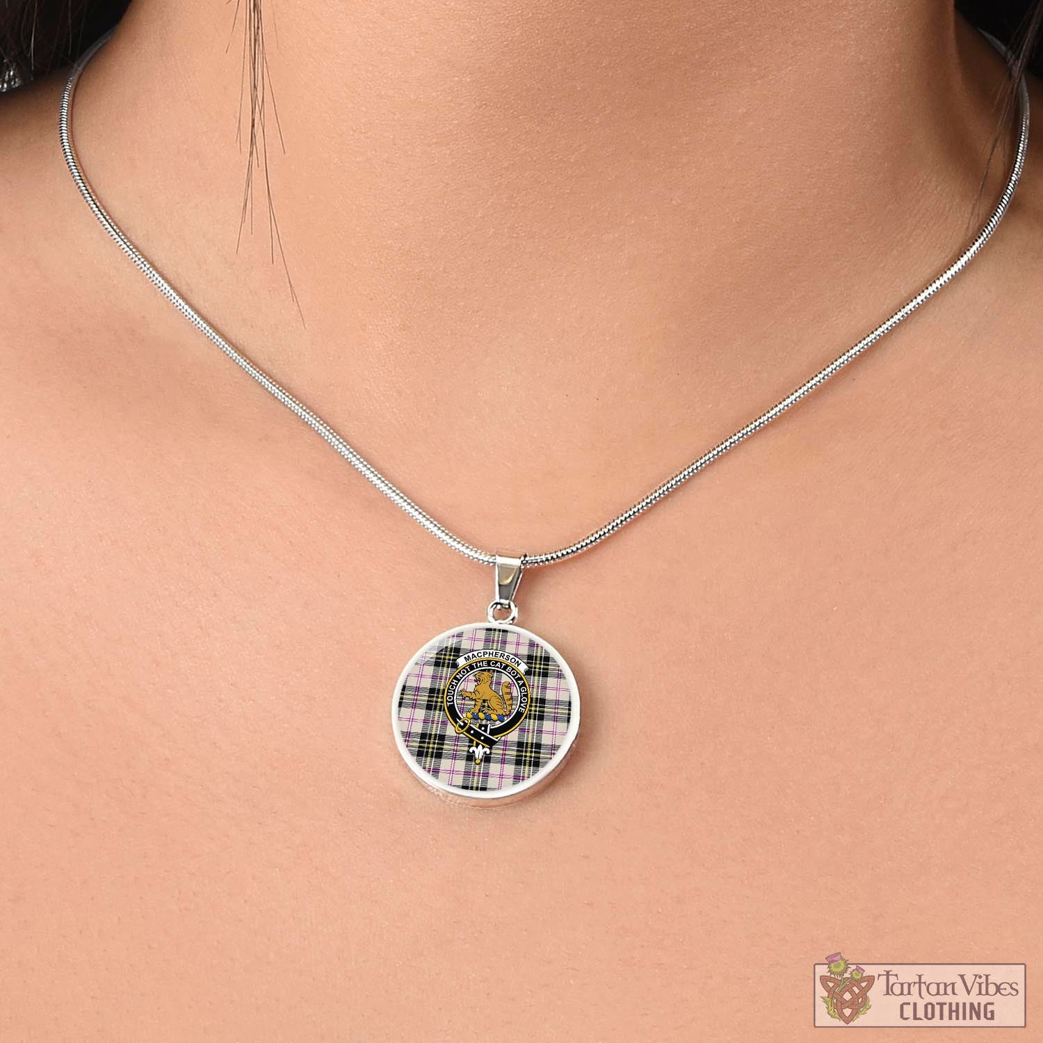 Tartan Vibes Clothing MacPherson Dress Ancient Tartan Circle Necklace with Family Crest