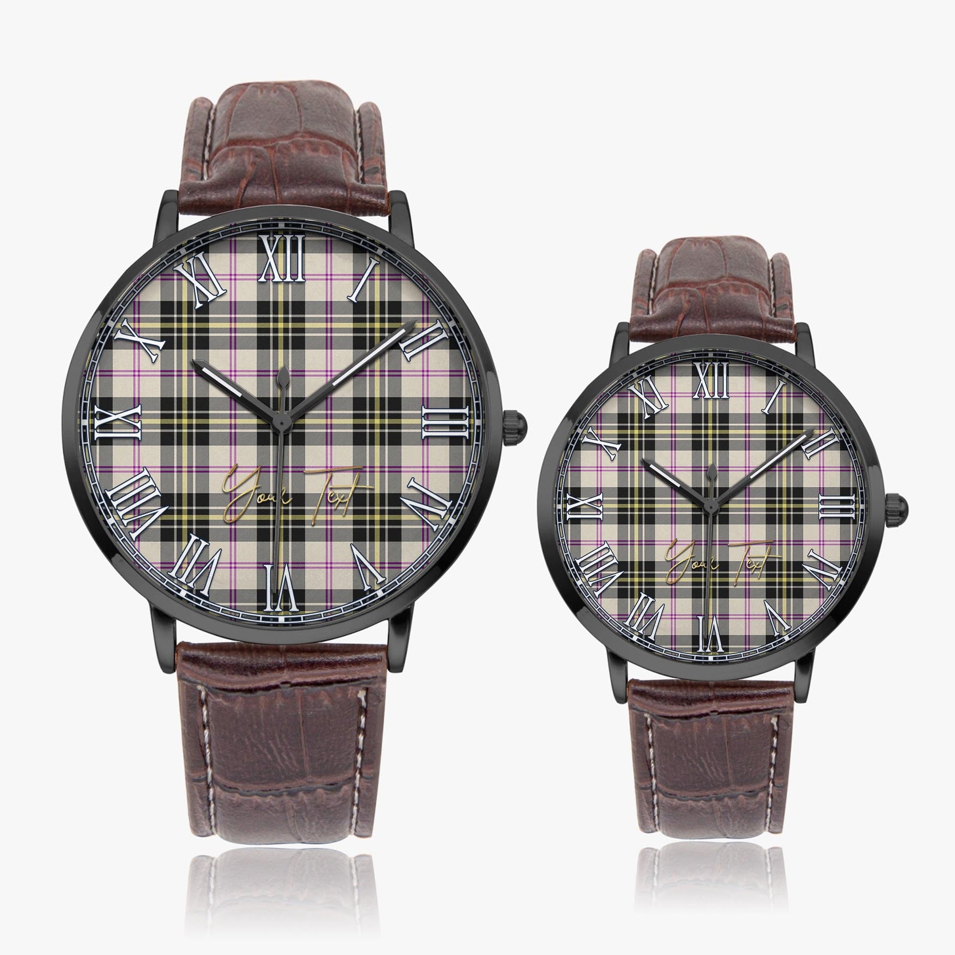 MacPherson Dress Ancient Tartan Personalized Your Text Leather Trap Quartz Watch Ultra Thin Black Case With Brown Leather Strap - Tartanvibesclothing