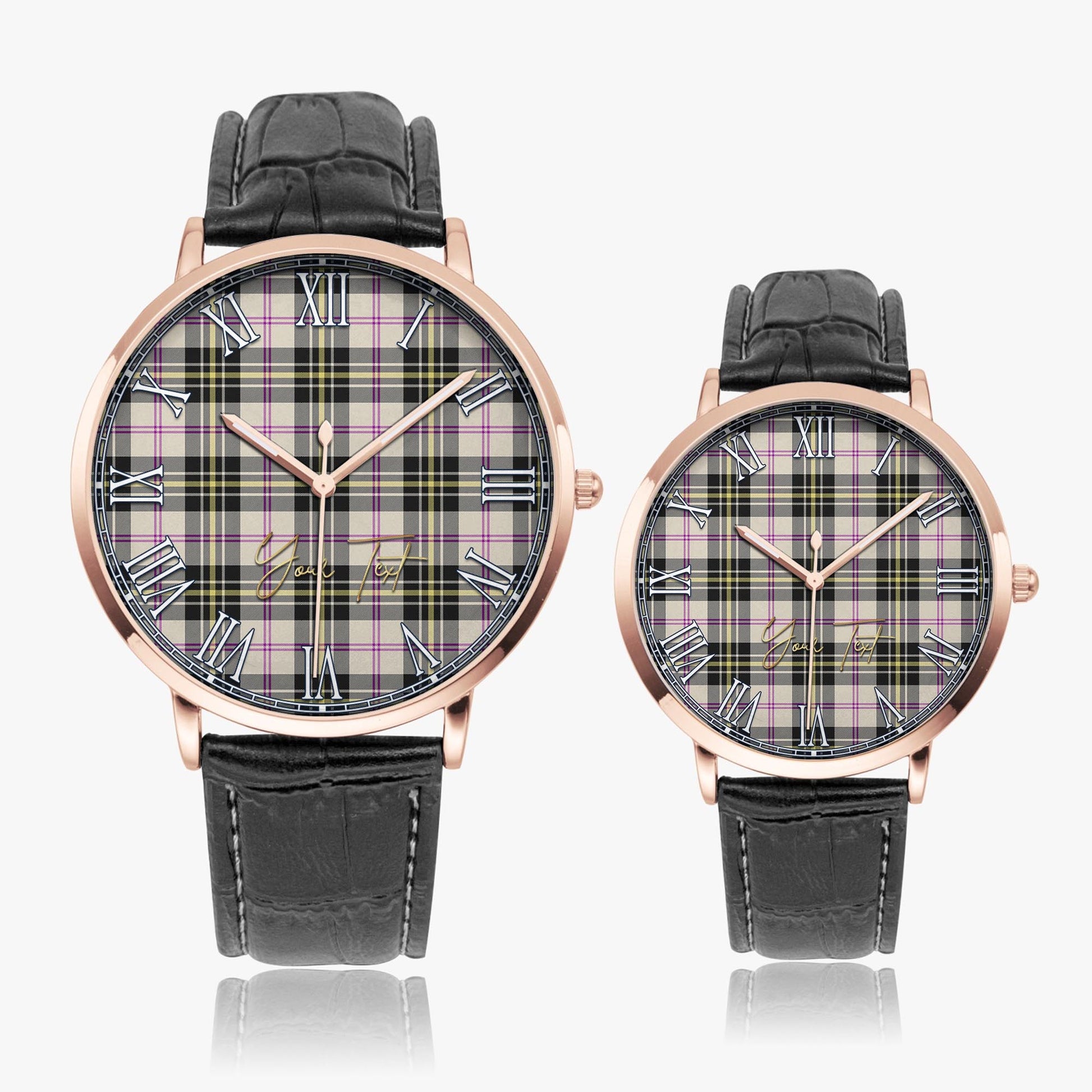 MacPherson Dress Ancient Tartan Personalized Your Text Leather Trap Quartz Watch Ultra Thin Rose Gold Case With Black Leather Strap - Tartanvibesclothing