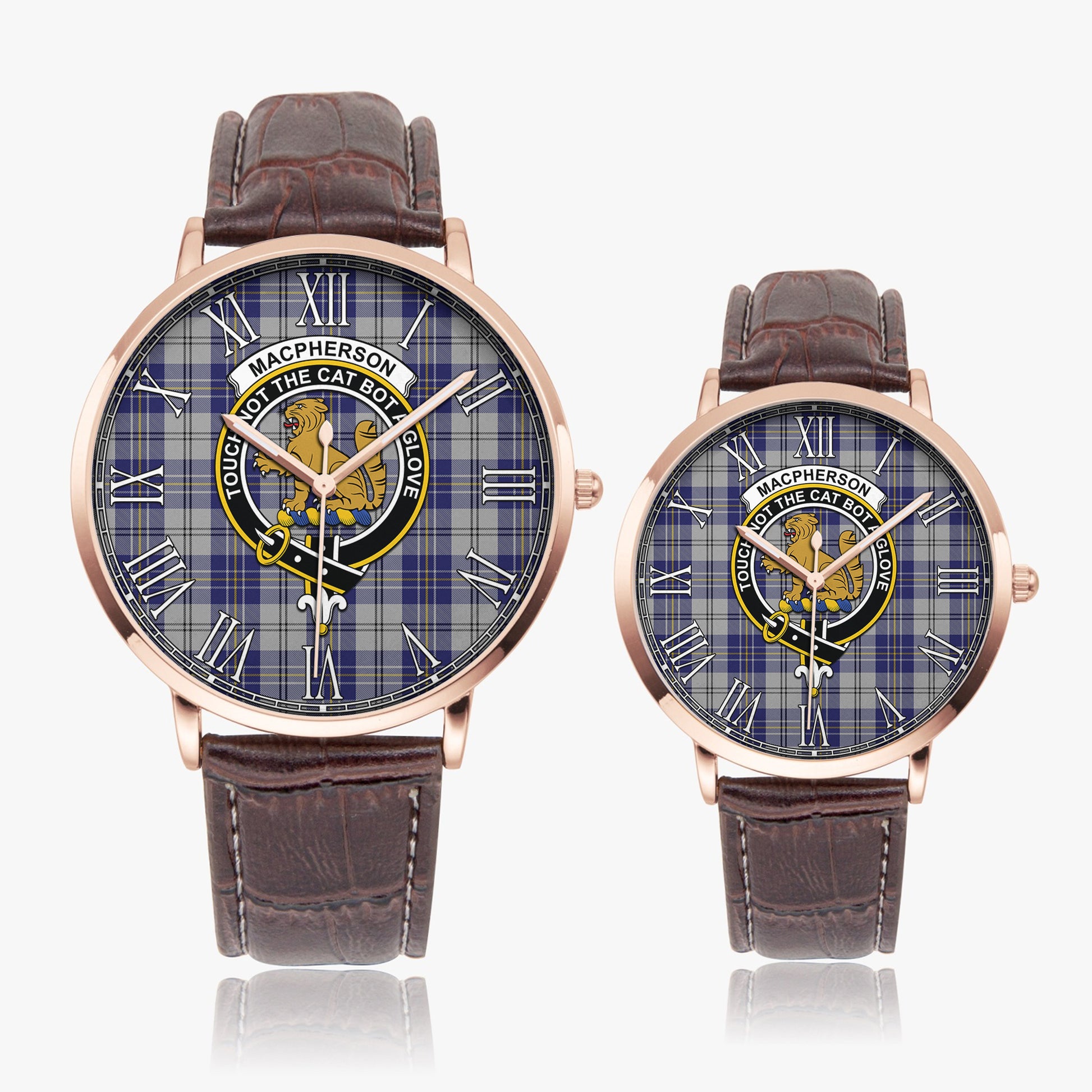 MacPherson Dress Blue Tartan Family Crest Leather Strap Quartz Watch - Tartanvibesclothing