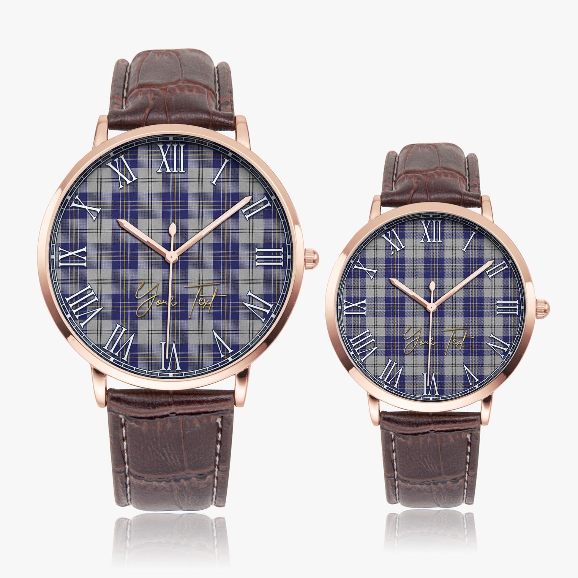 MacPherson Dress Blue Tartan Personalized Your Text Leather Trap Quartz Watch Ultra Thin Rose Gold Case With Brown Leather Strap - Tartanvibesclothing