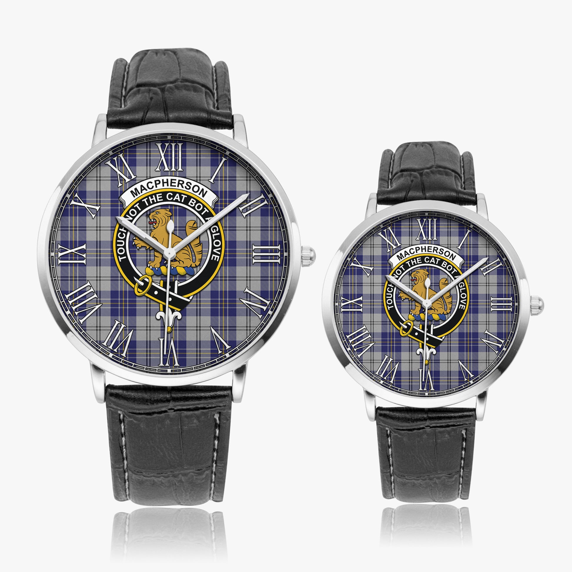 MacPherson Dress Blue Tartan Family Crest Leather Strap Quartz Watch - Tartanvibesclothing