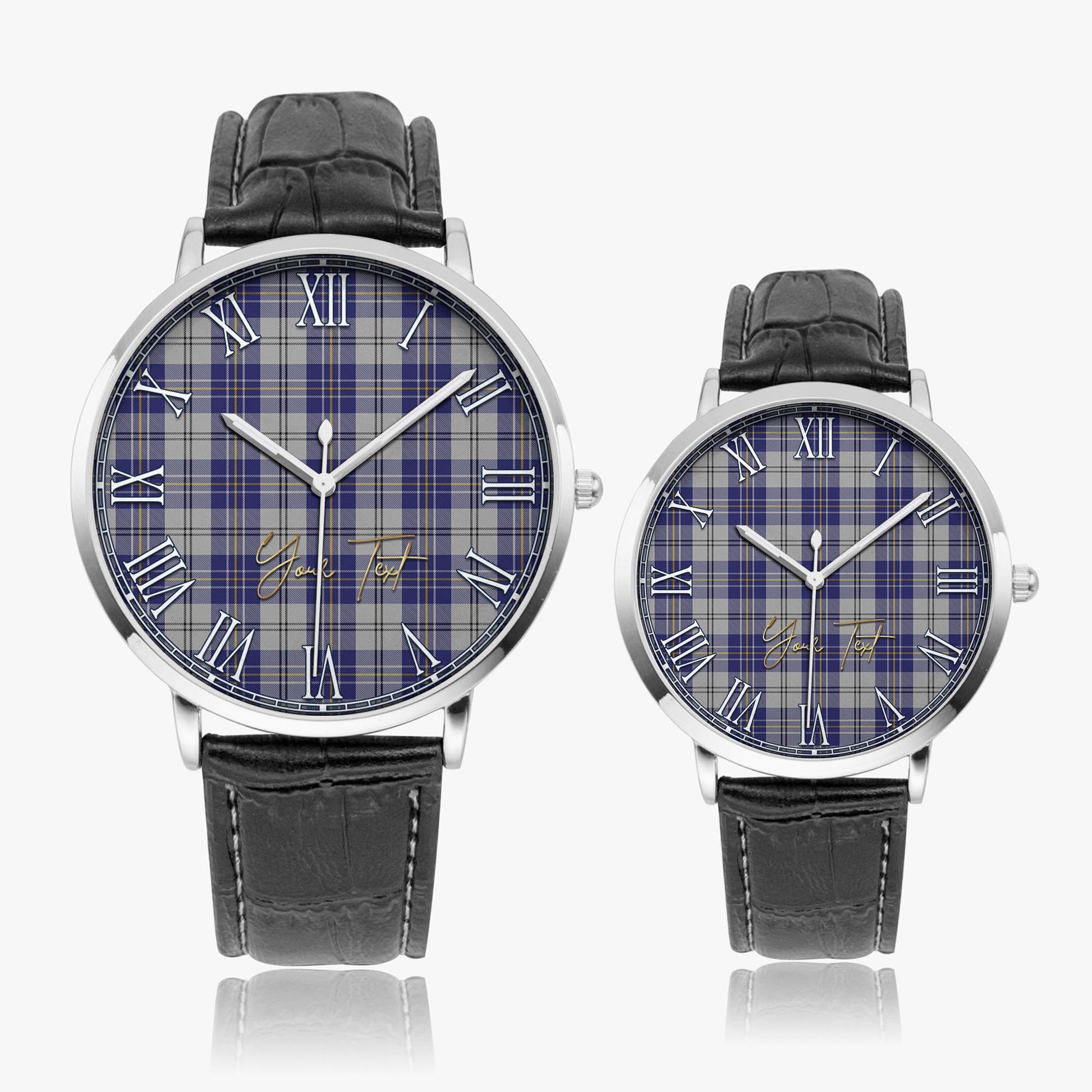 MacPherson Dress Blue Tartan Personalized Your Text Leather Trap Quartz Watch Ultra Thin Silver Case With Black Leather Strap - Tartanvibesclothing