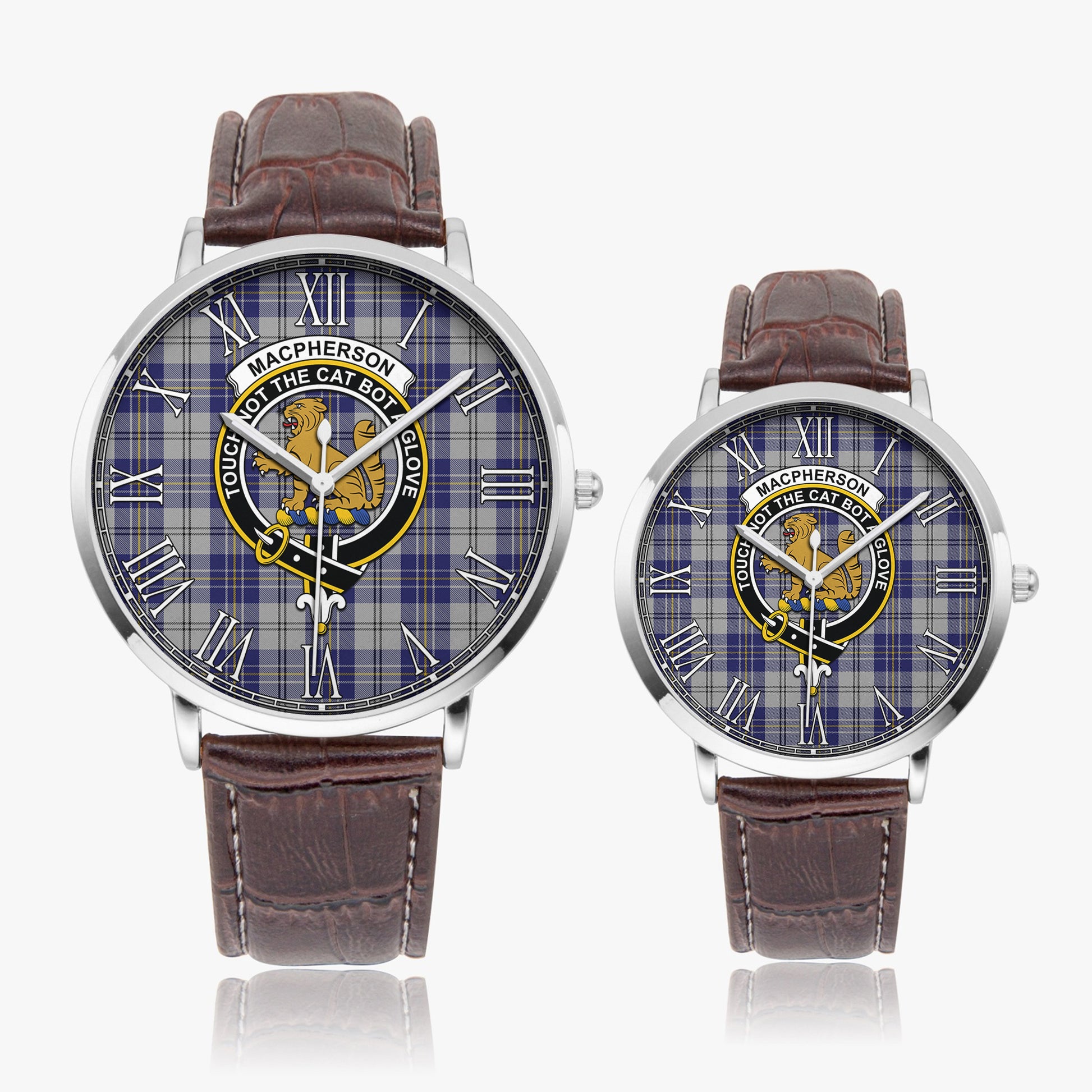 MacPherson Dress Blue Tartan Family Crest Leather Strap Quartz Watch - Tartanvibesclothing