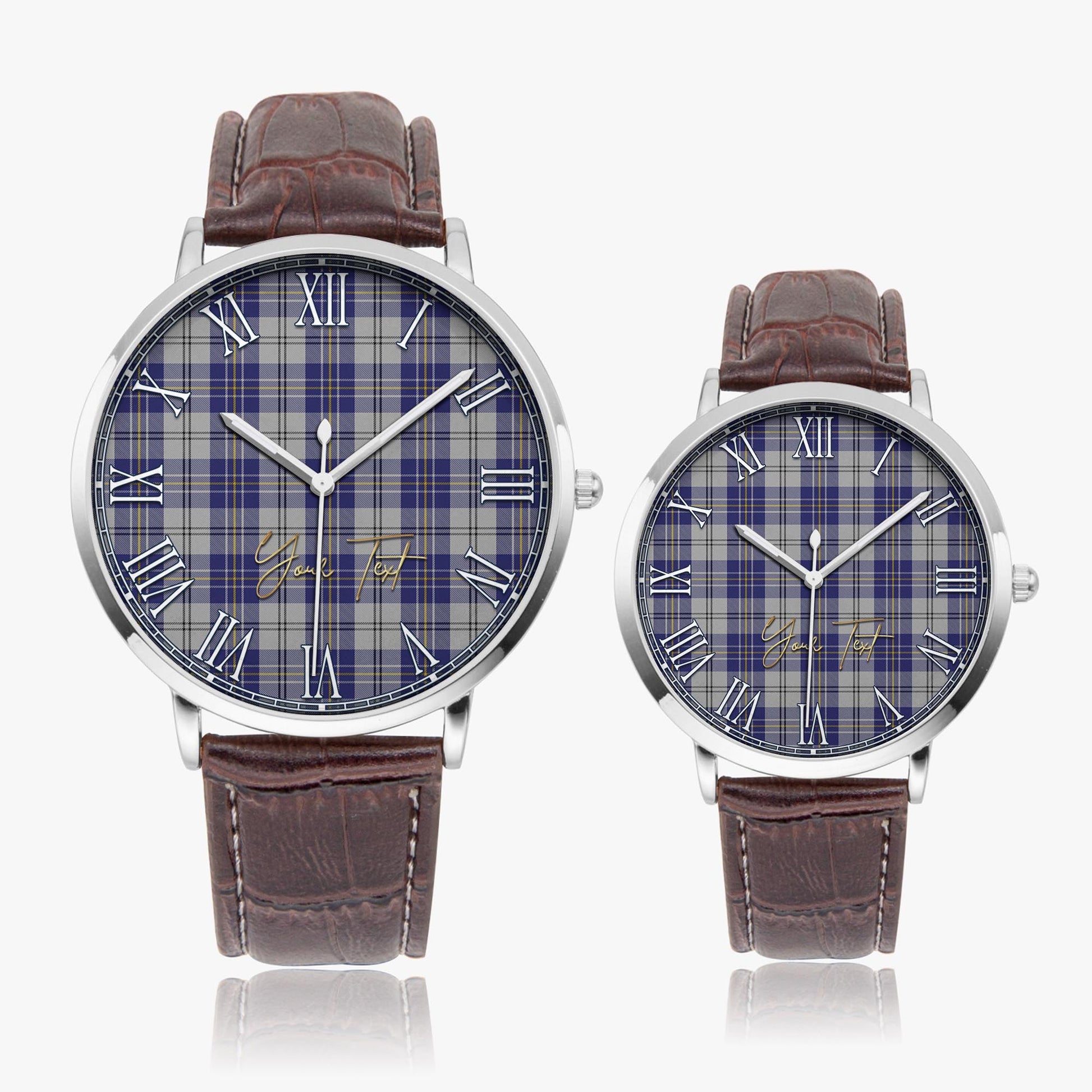 MacPherson Dress Blue Tartan Personalized Your Text Leather Trap Quartz Watch Ultra Thin Silver Case With Brown Leather Strap - Tartanvibesclothing