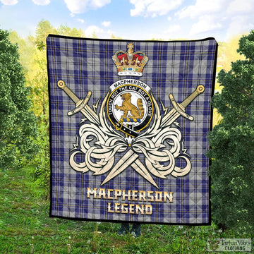 MacPherson Dress Blue Tartan Quilt with Clan Crest and the Golden Sword of Courageous Legacy