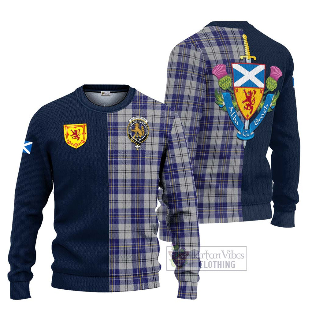 Tartan Vibes Clothing MacPherson Dress Blue Tartan Knitted Sweater with Scottish Lion Royal Arm Half Style