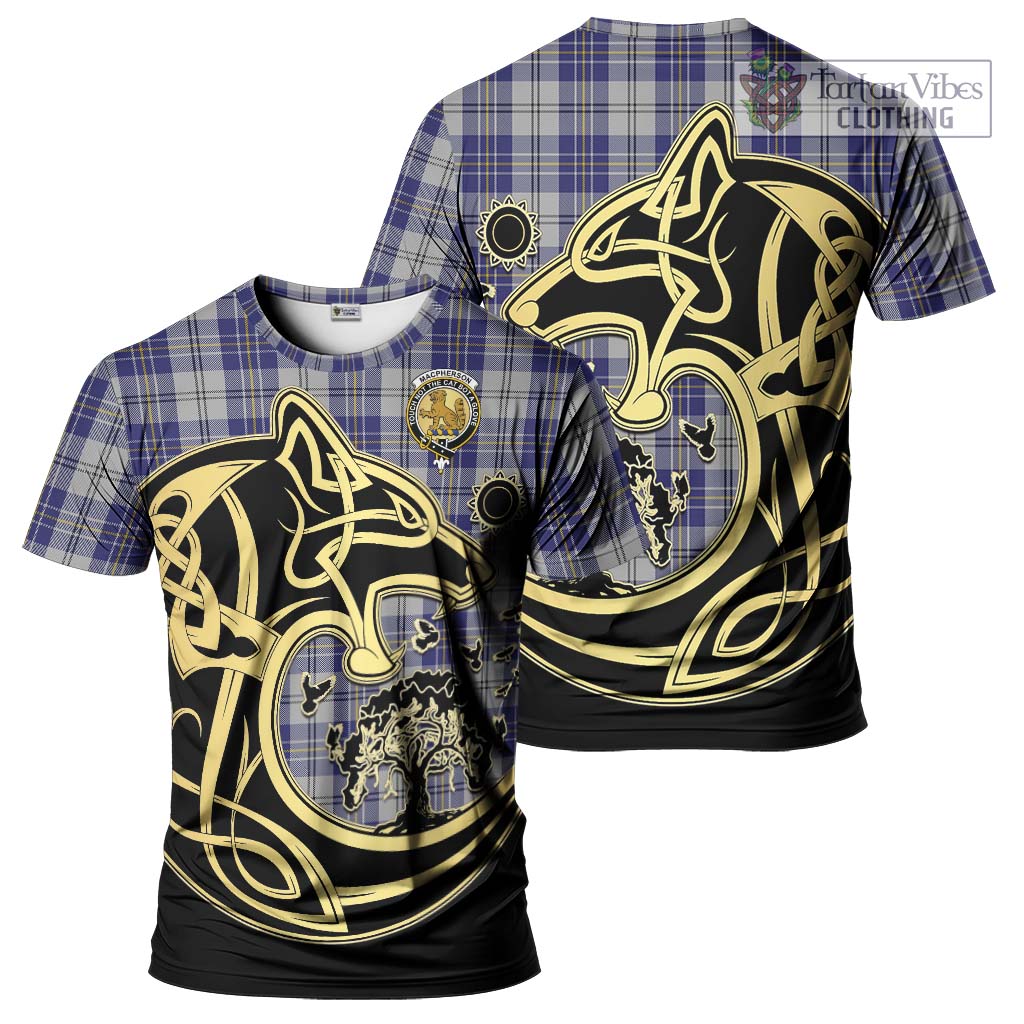 Tartan Vibes Clothing MacPherson Dress Blue Tartan T-Shirt with Family Crest Celtic Wolf Style