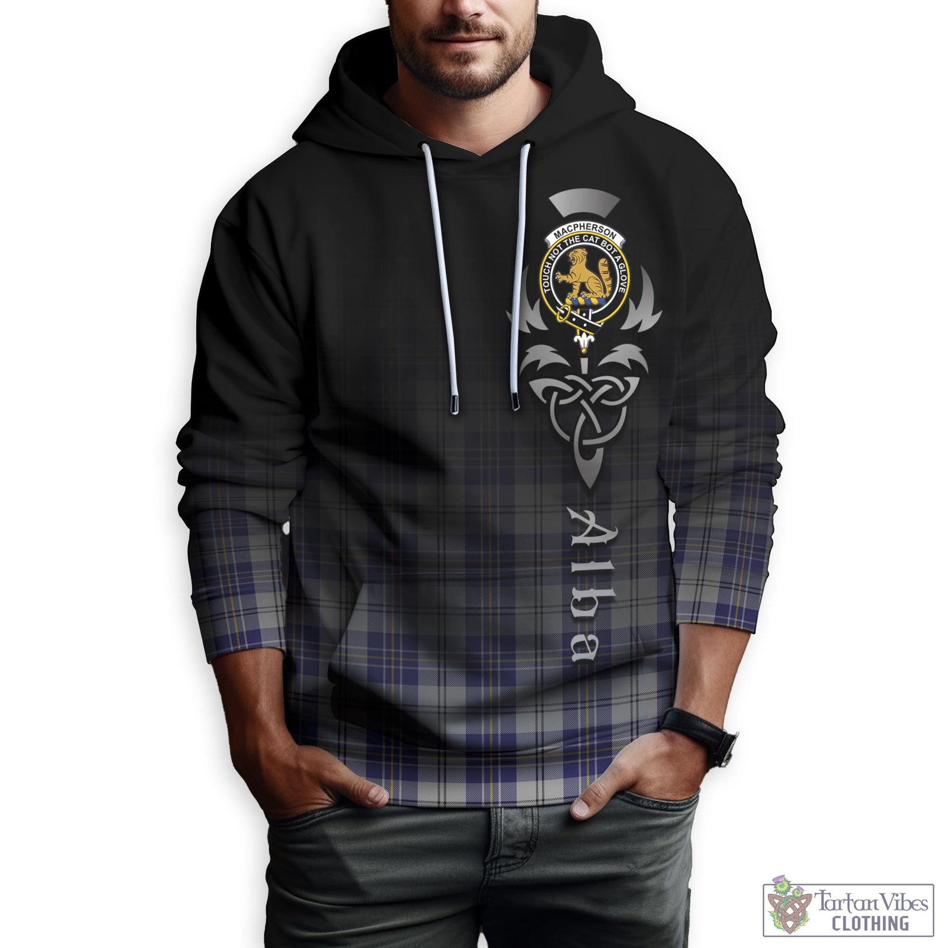 Tartan Vibes Clothing MacPherson Dress Blue Tartan Hoodie Featuring Alba Gu Brath Family Crest Celtic Inspired