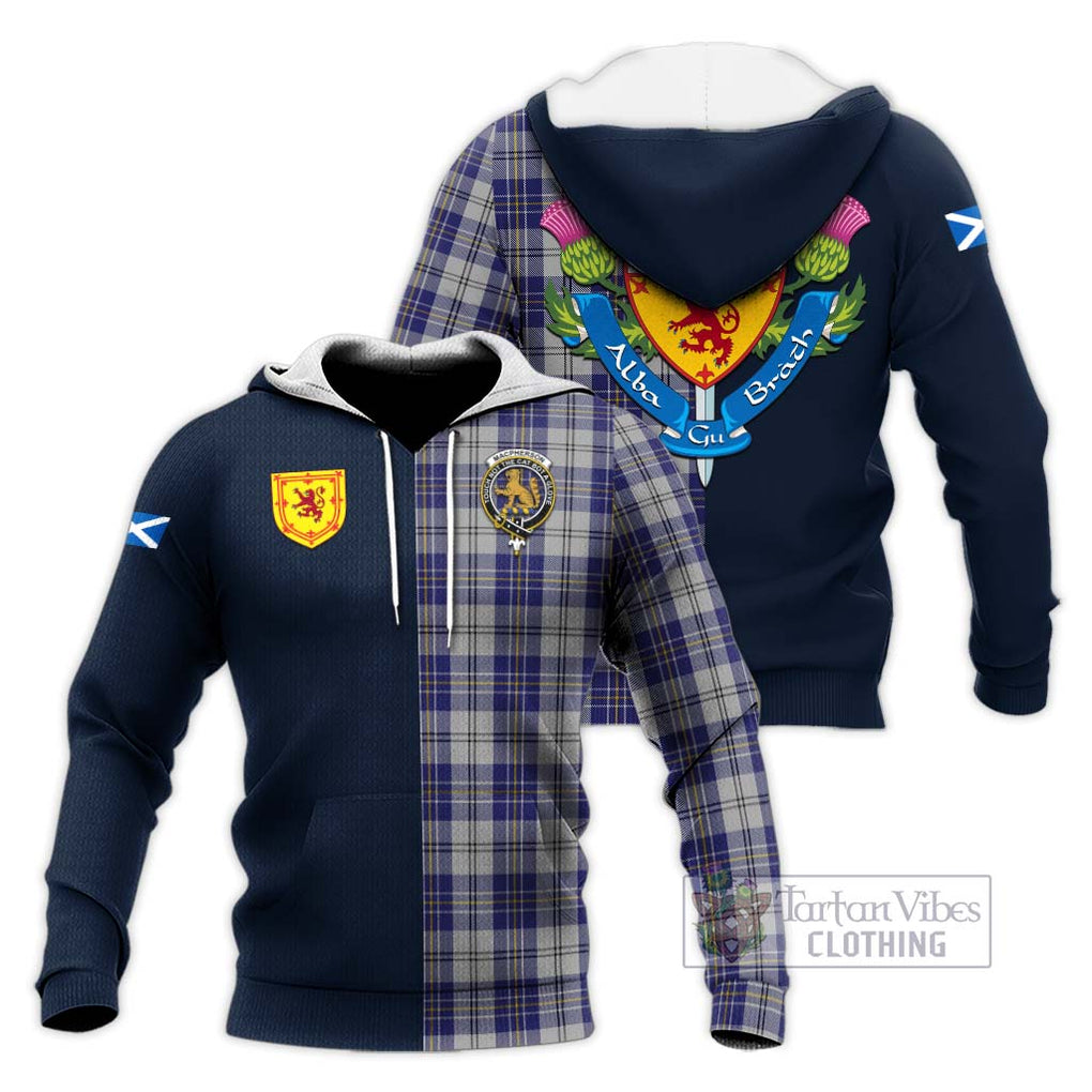 Tartan Vibes Clothing MacPherson Dress Blue Tartan Knitted Hoodie with Scottish Lion Royal Arm Half Style